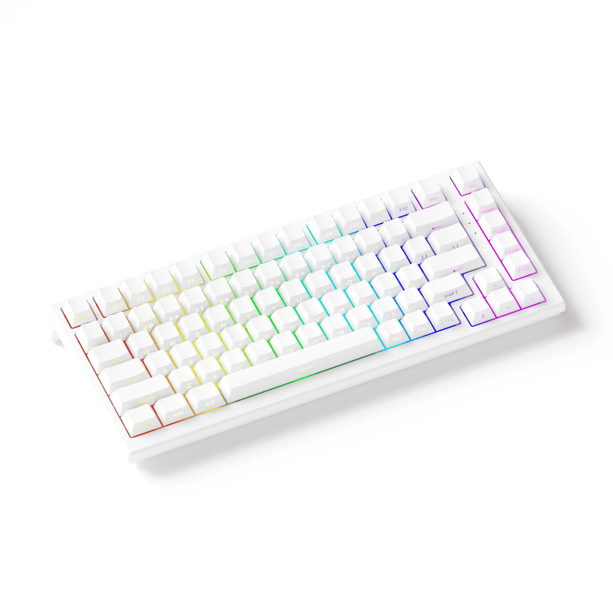 Biała klawiatura mechaniczna z podświetleniem RGB na gładkim białym tle.