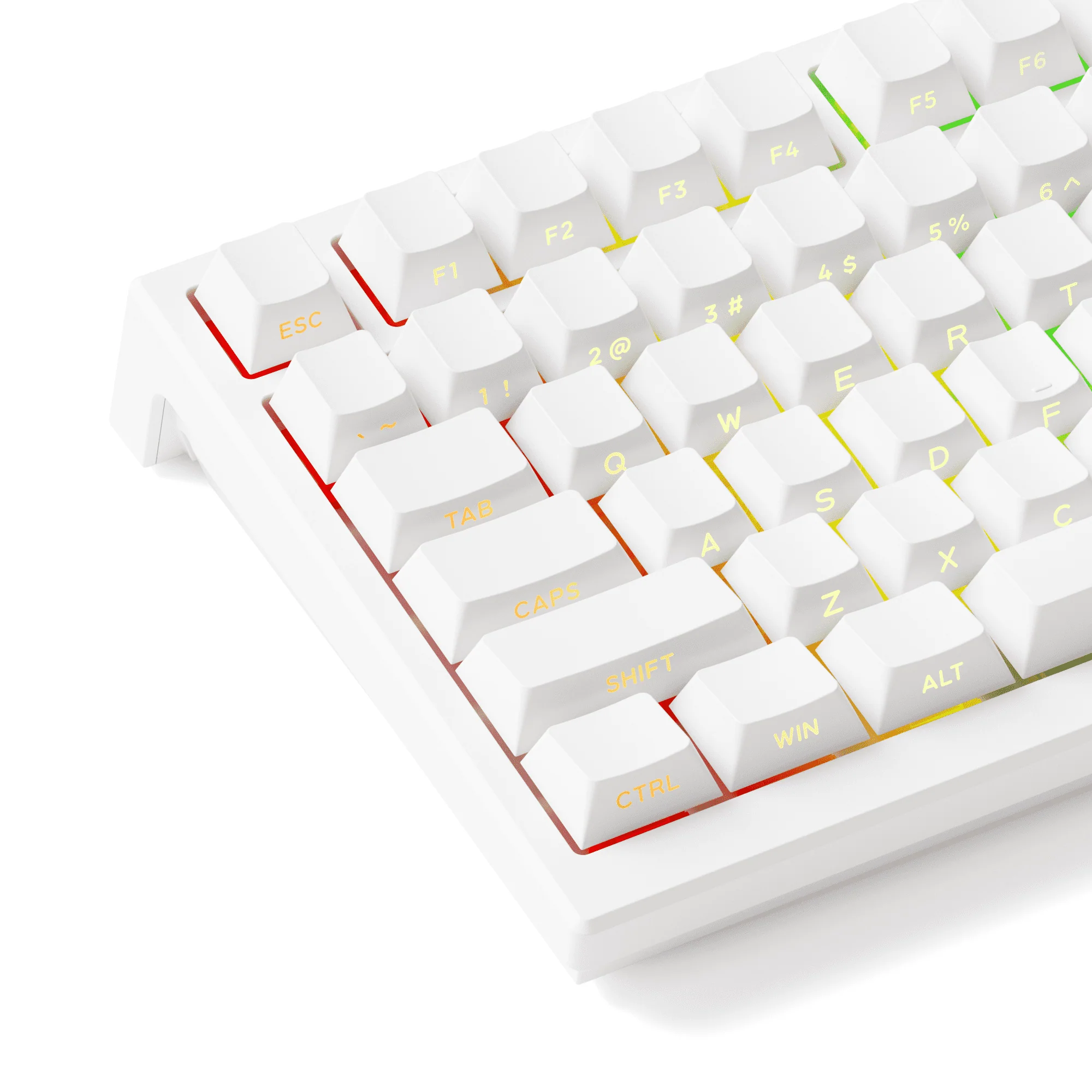 Biała klawiatura mechaniczna z kolorowym podświetleniem RGB na białym tle.