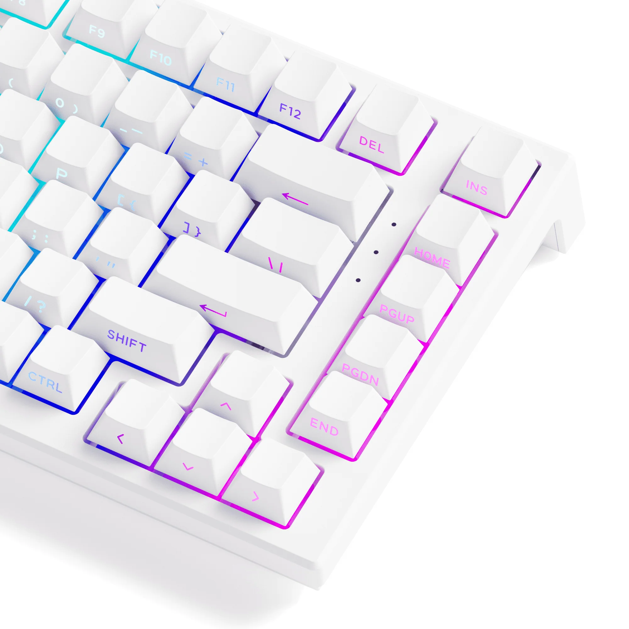 Biała klawiatura mechaniczna z jasnoniebieskim i różowym podświetleniem RGB.