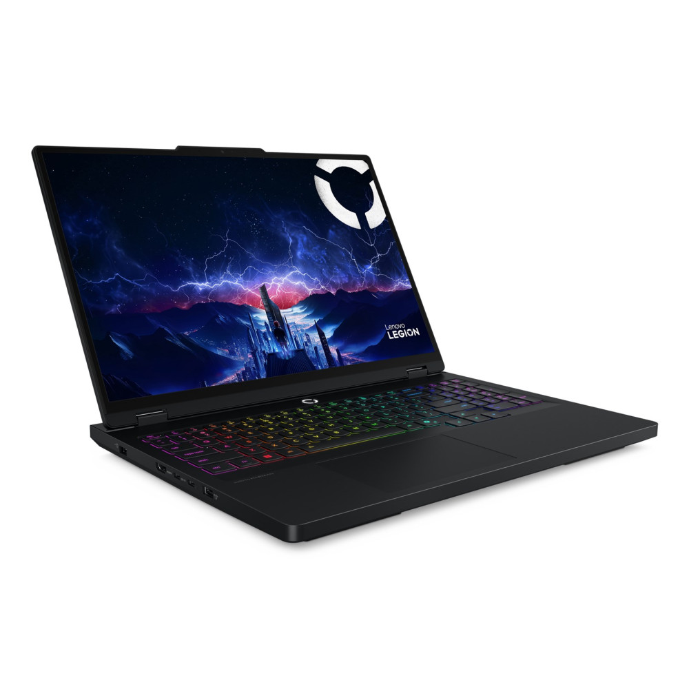 Czarny laptop Lenovo Legion z podświetlaną klawiaturą i abstrakcyjnym tłem ekranu cyfrowego.