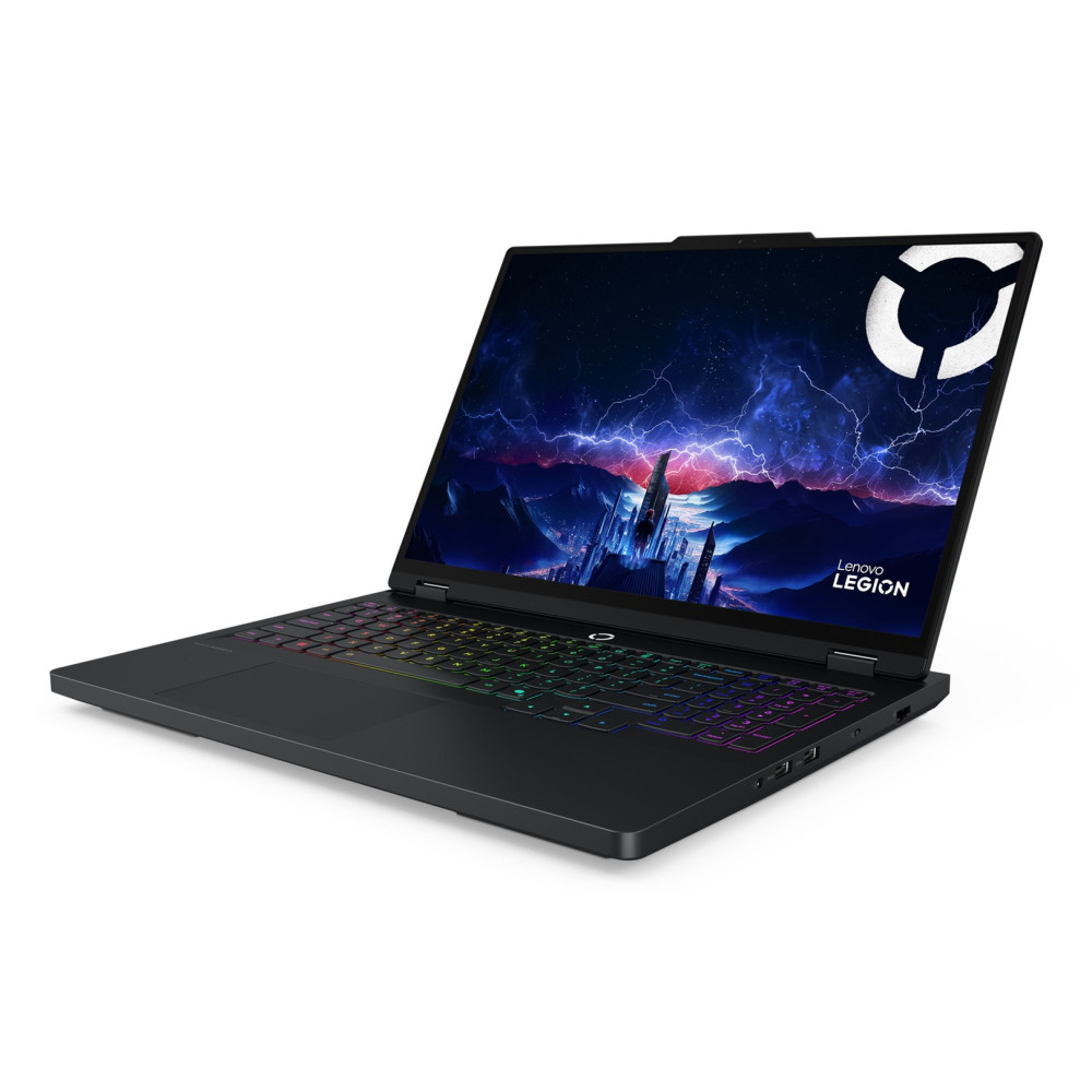 Czarny laptop do gier Lenovo Legion z klawiaturą RGB na białym tle, wyświetlający fantastyczną tapetę.