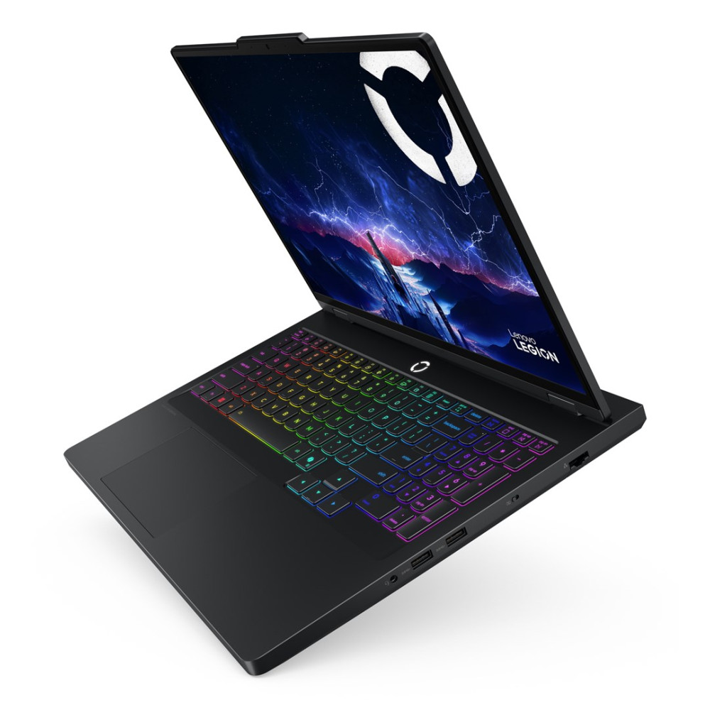 Czarny laptop Lenovo Legion z podświetlaną klawiaturą RGB i tapetą do gier na ekranie.