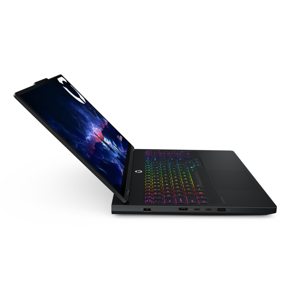 Czarny laptop do gier z podświetleniem RGB klawiatury i kolorowym ekranem.