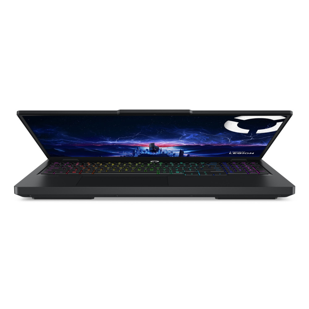Czarny laptop dla graczy z podświetlaną klawiaturą RGB i niebieską tapetą na ekranie.