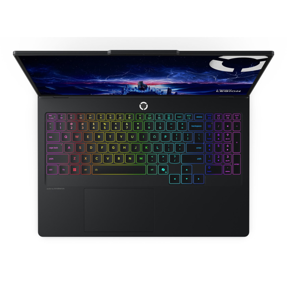 Widok z góry na otwartego czarnego laptopa dla graczy z podświetlaną tęczową klawiaturą i ciemną tapetą.