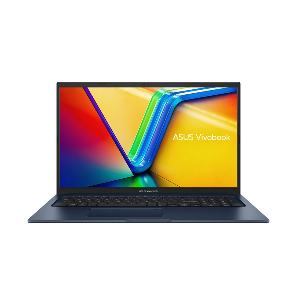 Niebieski laptop ASUS Vivobook z kolorowym ekranem i napisem ASUS Vivobook na białym tle.