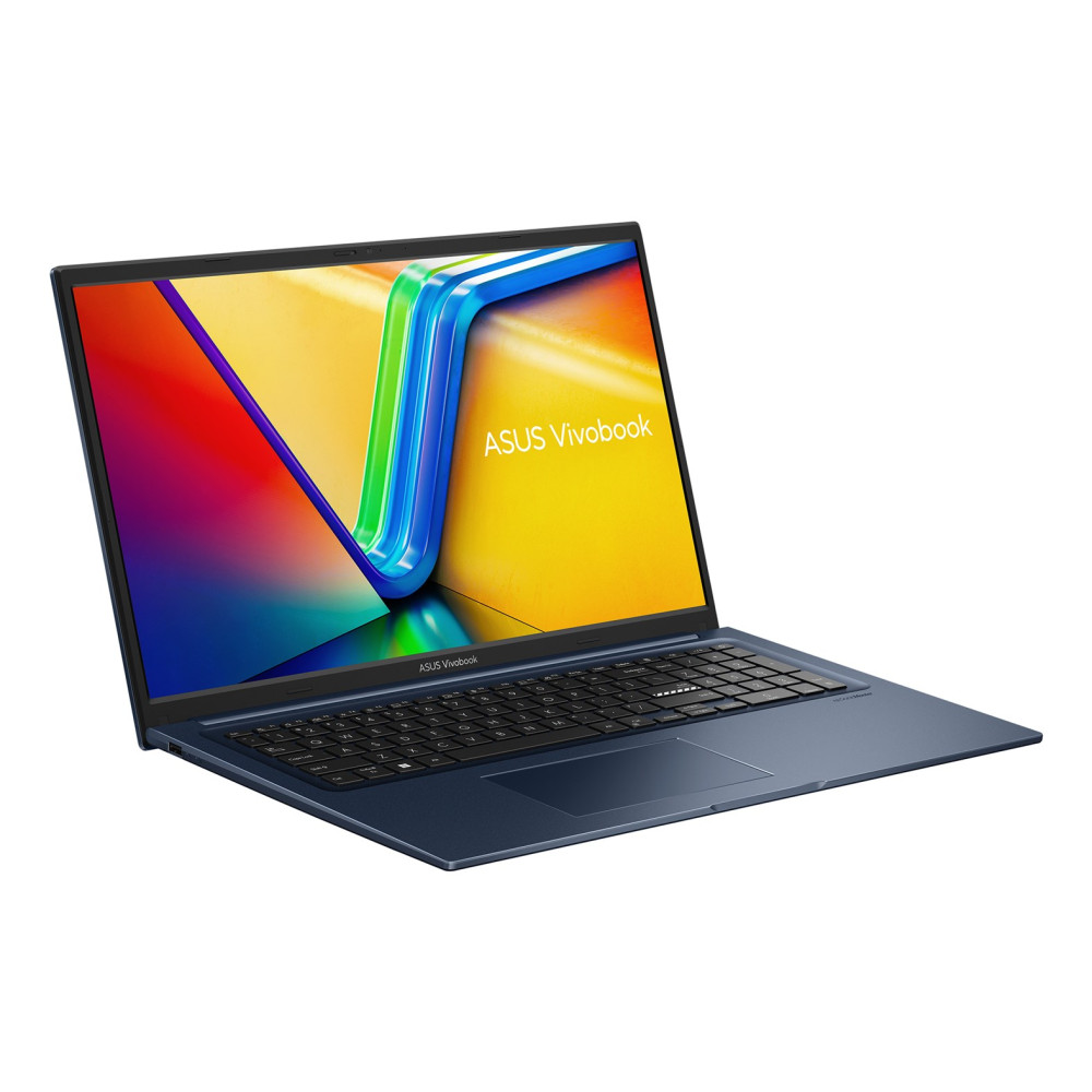Otwarty, ciemnoniebieski laptop ASUS Vivobook wyświetla kolorową, abstrakcyjną tapetę na białym tle.