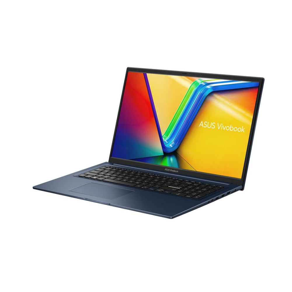 Niebieski laptop ASUS Vivobook z otwartym ekranem i kolorową tapetą na białym tle.