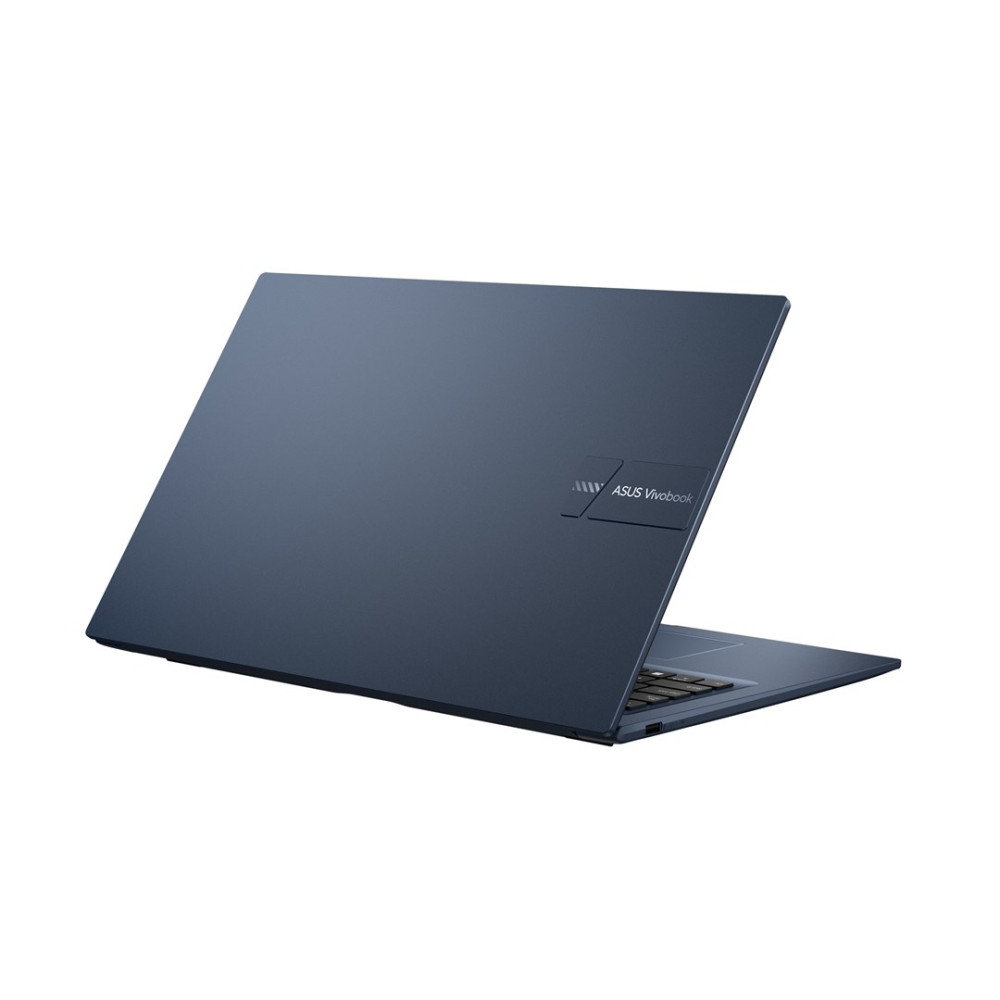 Niebieski laptop Asus Vivobook stoi lekko przekrzywiony na białym tle.