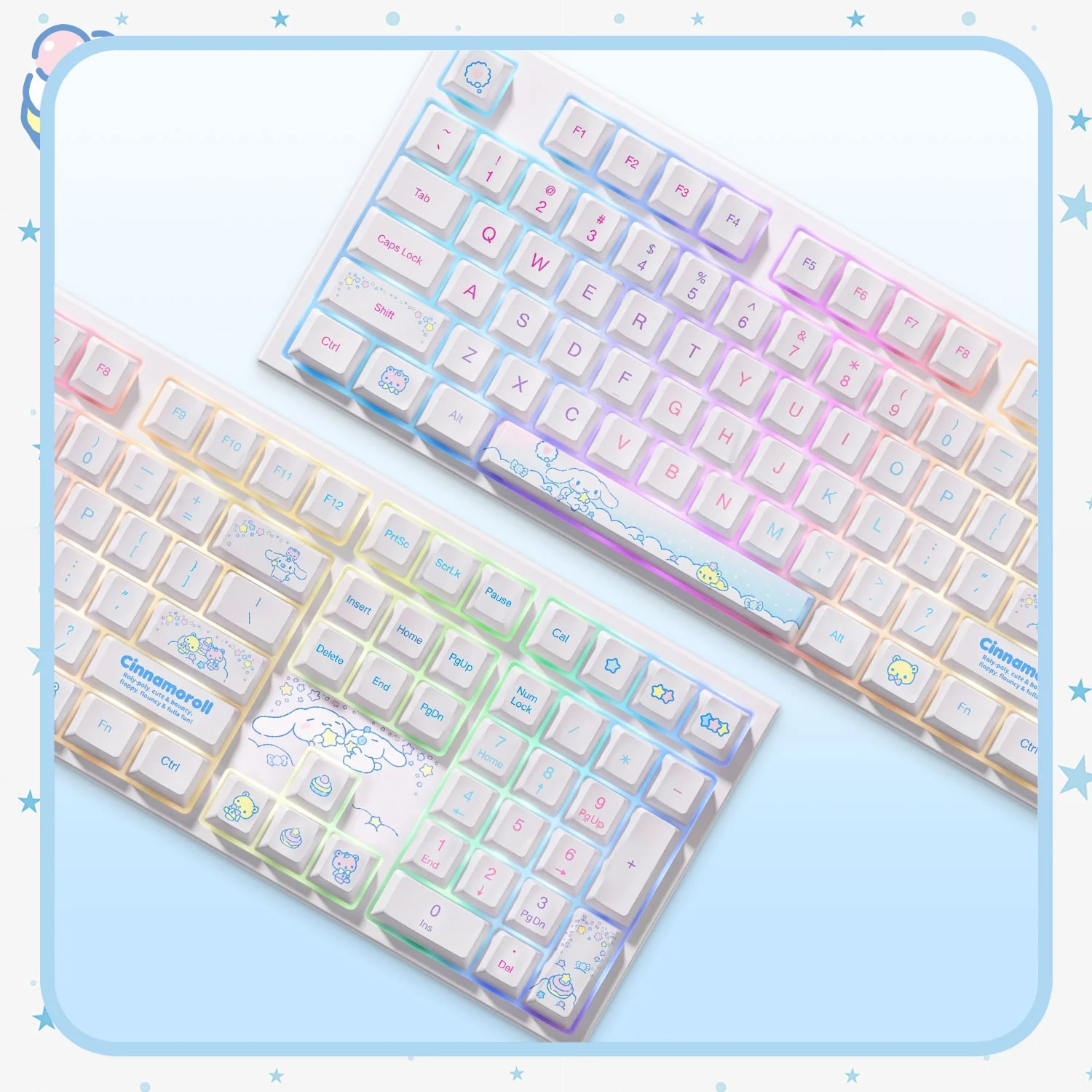 Dwie białe klawiatury z motywem Cinnamoroll, pastelowymi niebieskimi i żółtymi akcentami, tęczowym podświetleniem i grafiką.