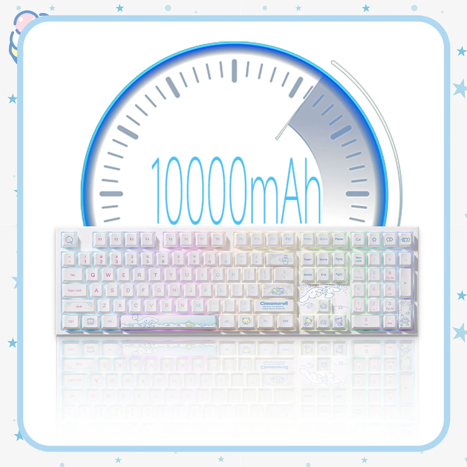 Biała klawiatura mechaniczna z motywem Cinnamoroll i wskaźnikiem baterii 10000mAh powyżej.
