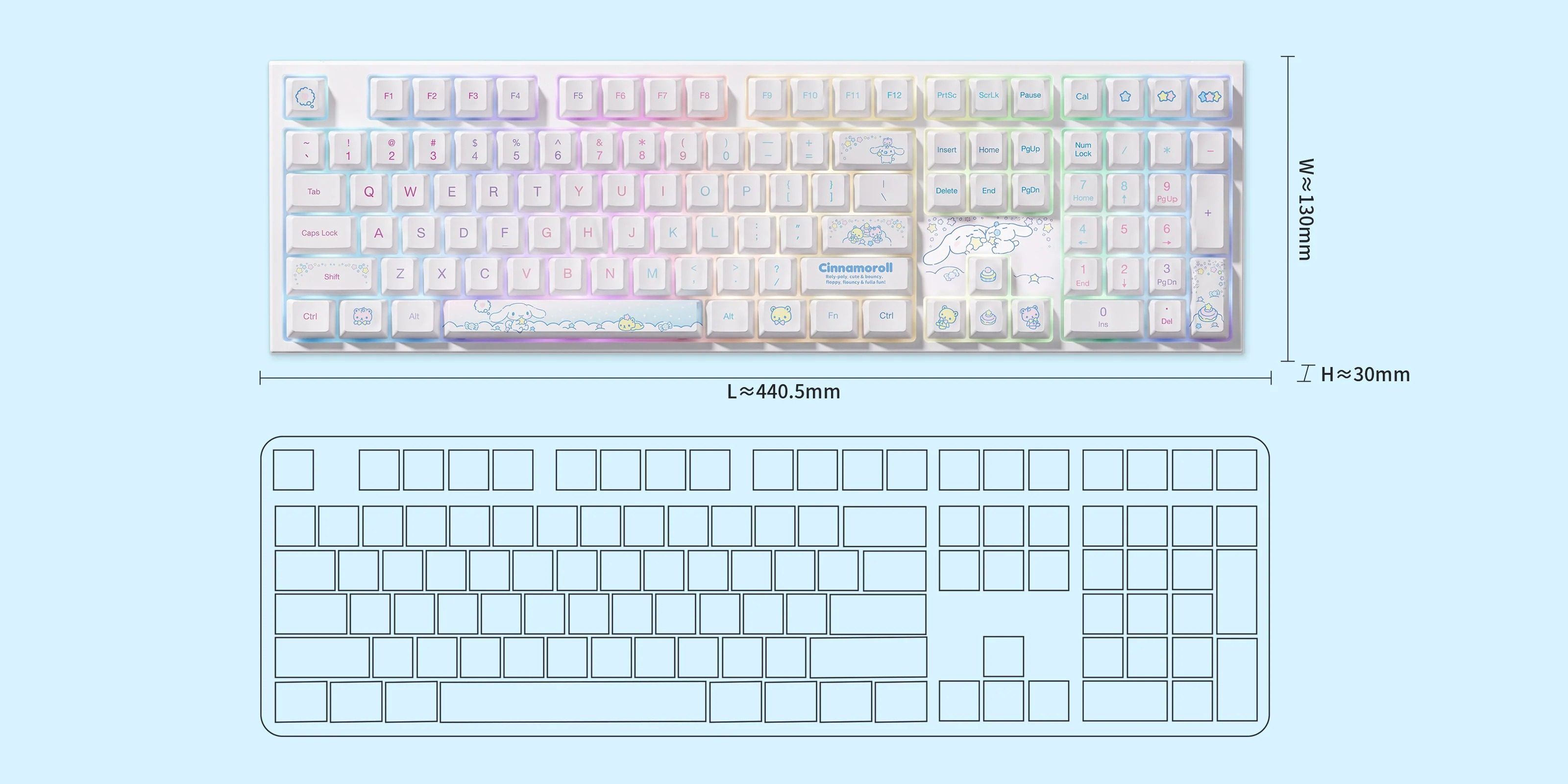 Biała klawiatura Cinnamoroll z podświetleniem RGB i wymiarami.