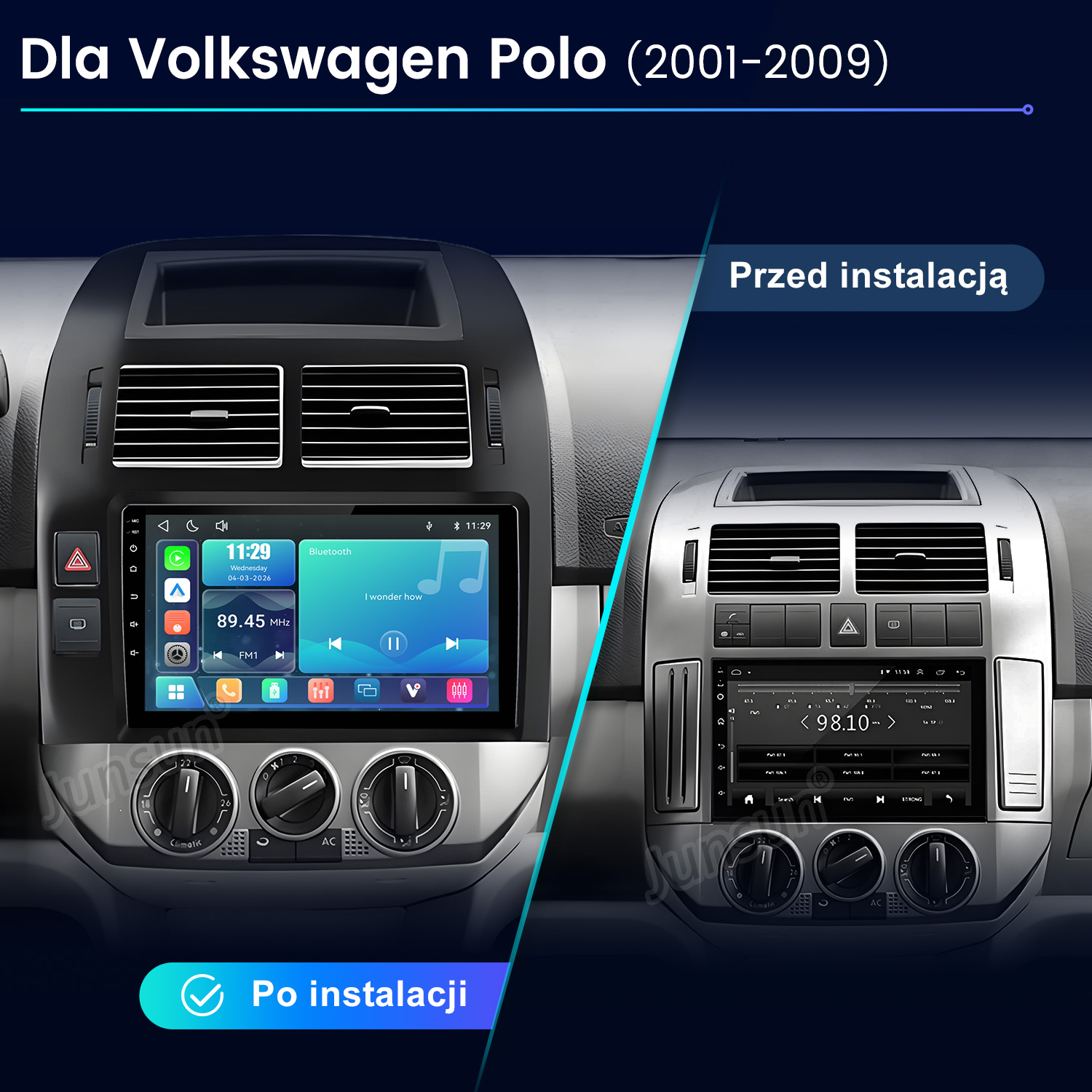 Porównanie deski rozdzielczej VW Polo przed i po instalacji nowego system multimedialnego.
