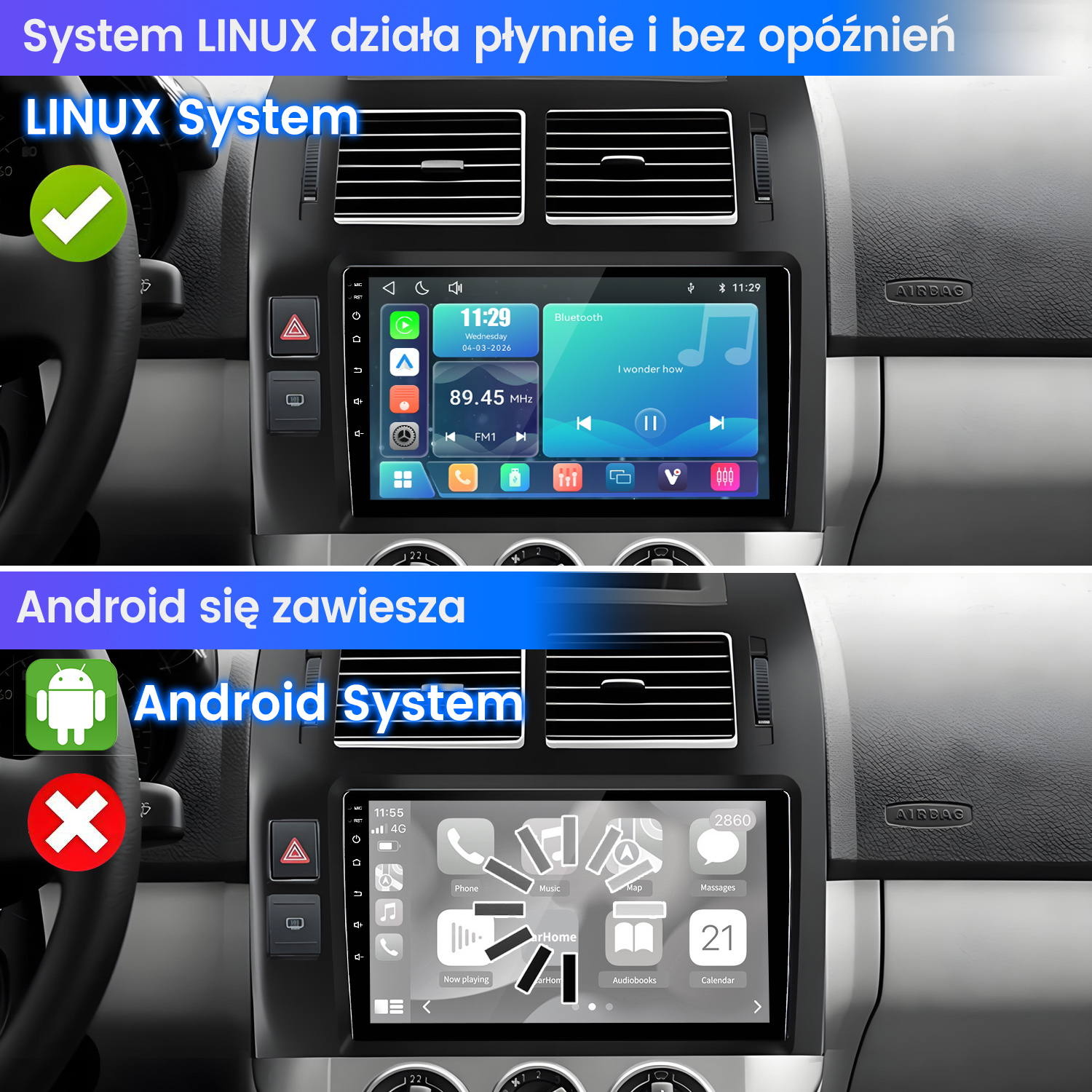 Porównanie dwóch radyjek: System Linux działa płynnie, a system Android się zawiesza.