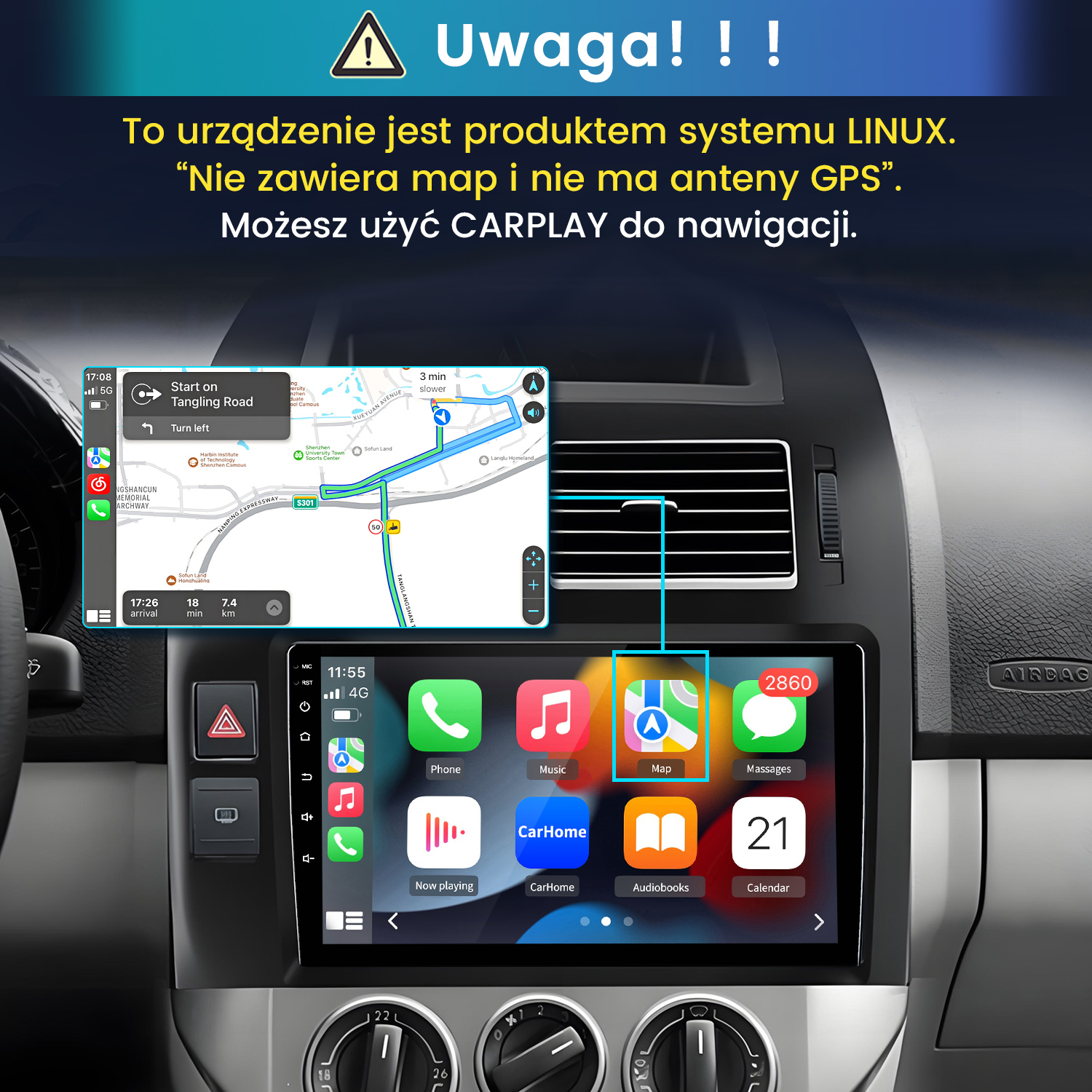 Samochodowy system multimedialny Linux zamontowany w desce rozdzielczej z nawigacją CarPlay.