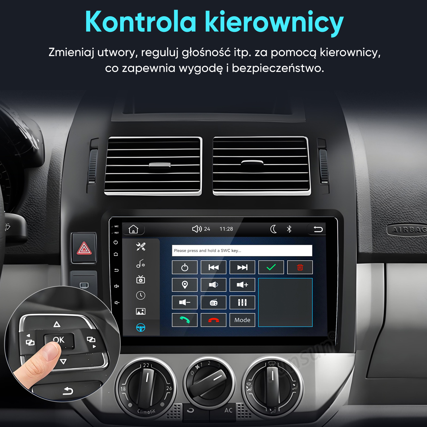 Wnętrze samochodu z dotykowym systemem informacyjno-rozrywkowym i przyciskami.