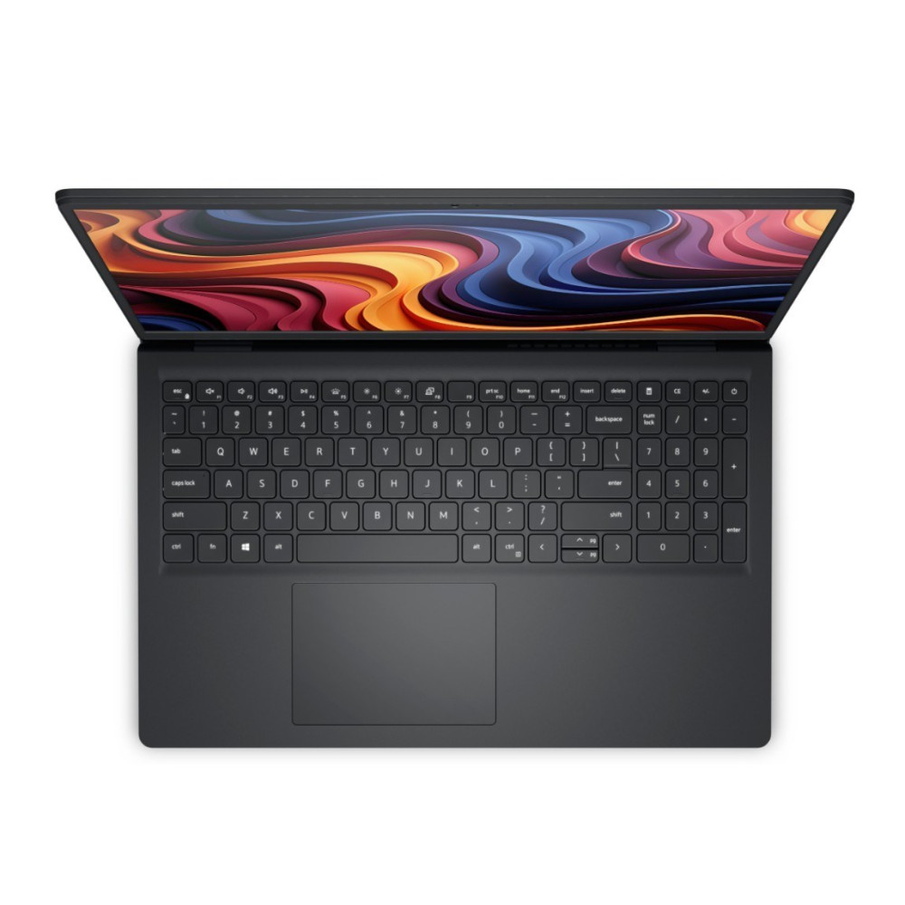 Widok z góry na czarny laptop z kolorową, abstrakcyjną tapetą i pełną klawiaturą.
