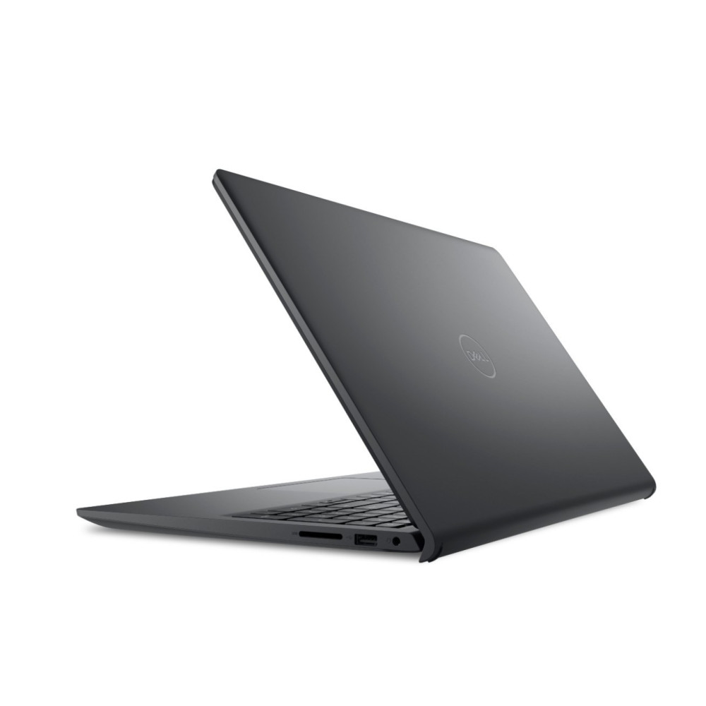 Zamknięty czarny laptop Dell pokazany pod kątem od tyłu na białym tle.