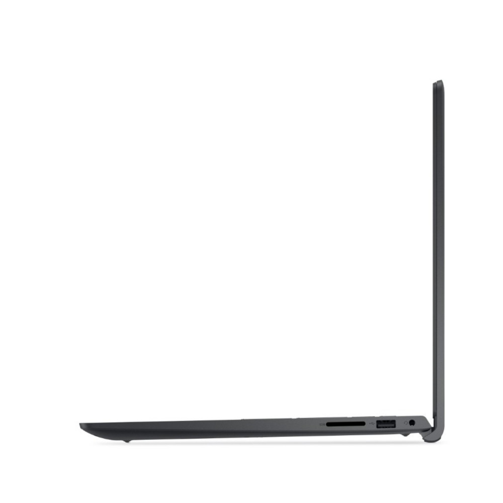 Widok z boku cienkiego, ciemnoszarego laptopa z portami po prawej stronie na białym tle.