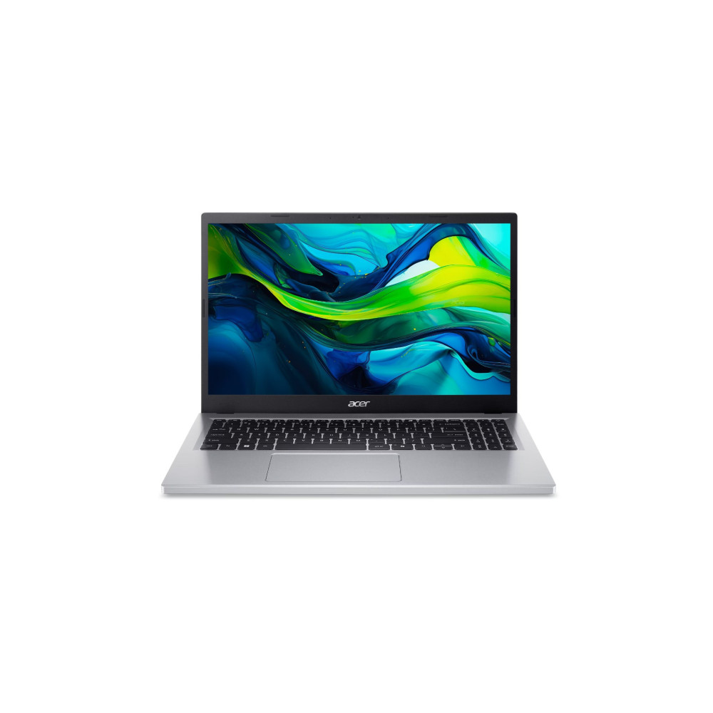 Srebrny laptop Acer z otwartym ekranem wyświetla niebiesko-zieloną abstrakcyjną tapetę na białym tle.