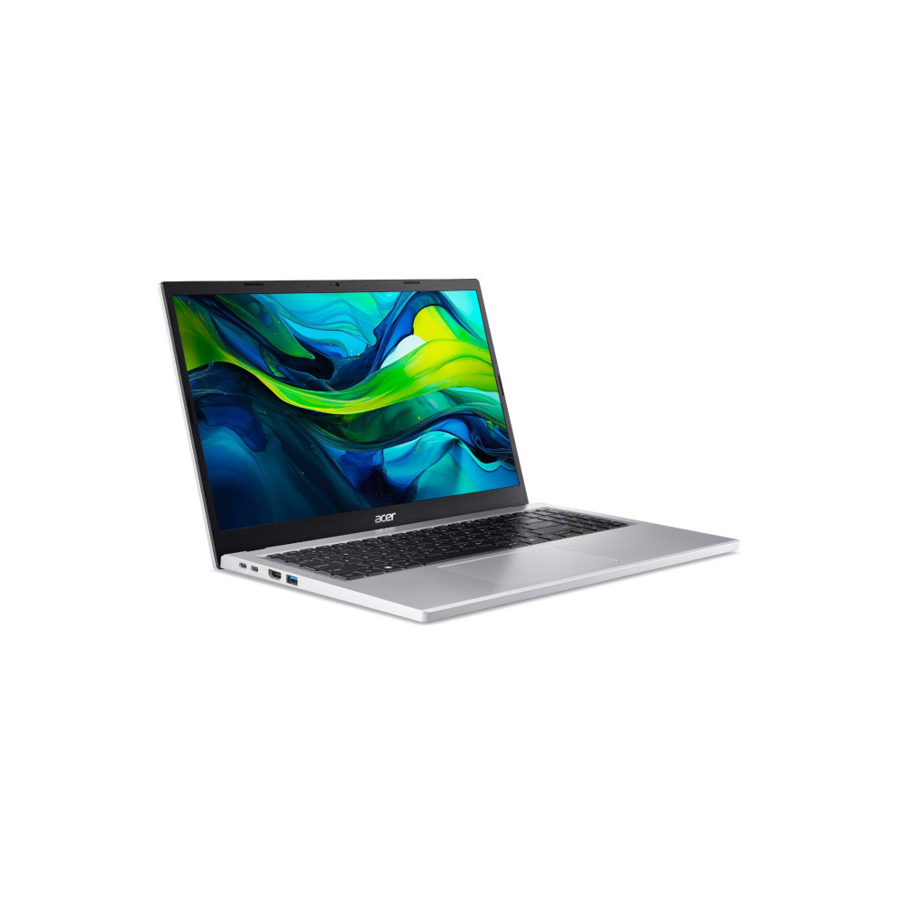 Srebrny laptop Acer z otwartym ekranem i kolorową, niebiesko-zieloną abstrakcyjną tapetą na białym tle.