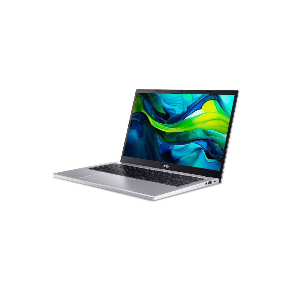 Srebrny laptop Acer na białym tle wyświetla kolorowy ekran.
