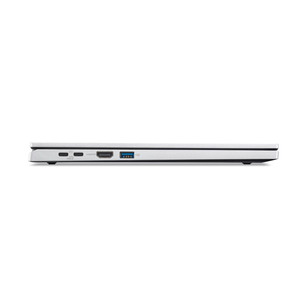 Widok z boku srebrnego laptopa z dwoma portami USB-C, portem HDMI i niebieskim portem USB-A.