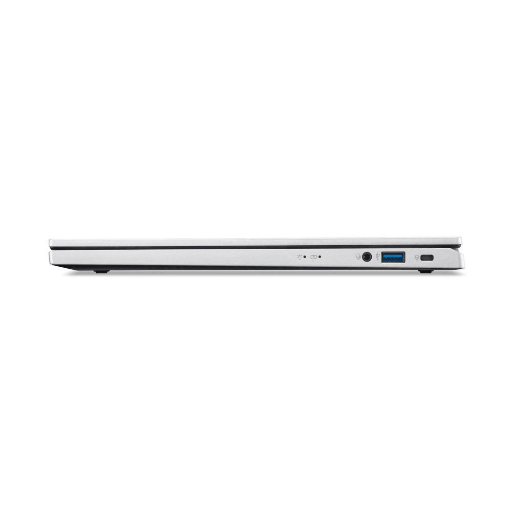 Lewy bok srebrnoszarego laptopa z gniazdem audio, portem USB i blokadą.