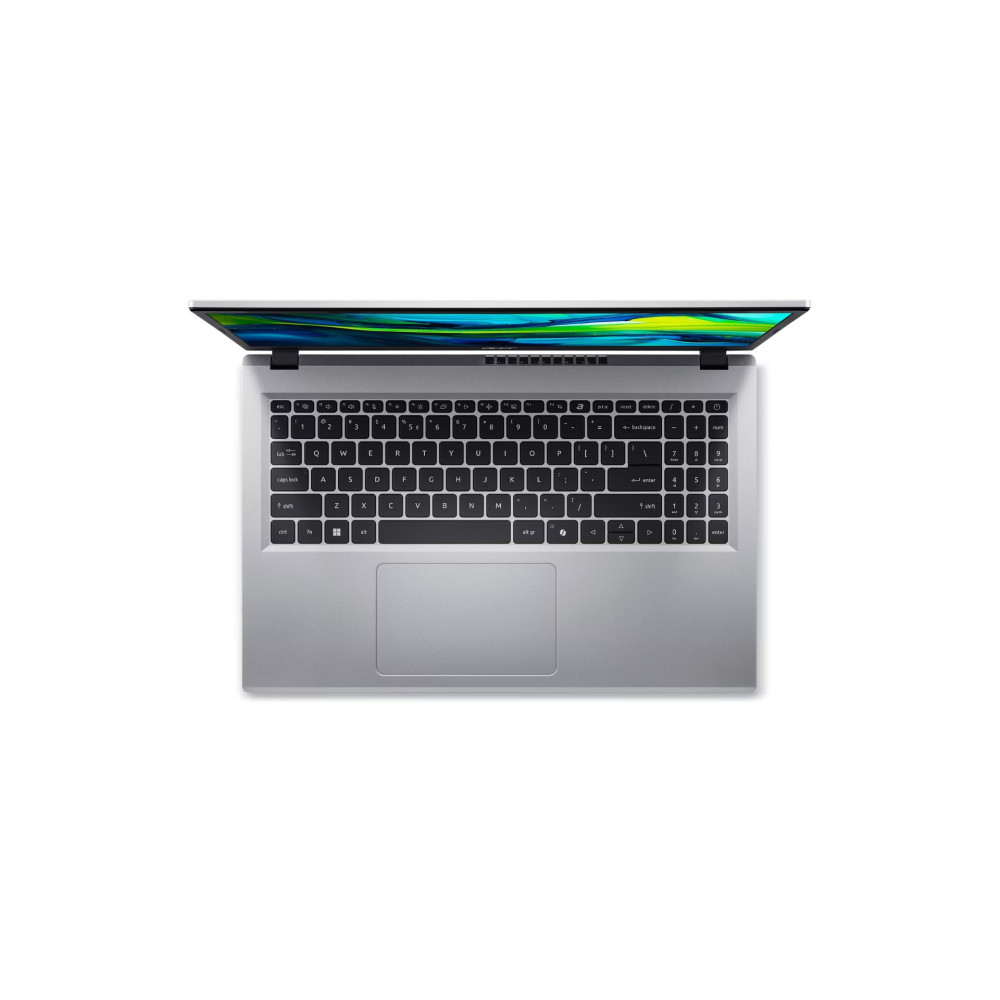 Widok z góry na srebrny laptop z czarną klawiaturą i włączonym ekranem.