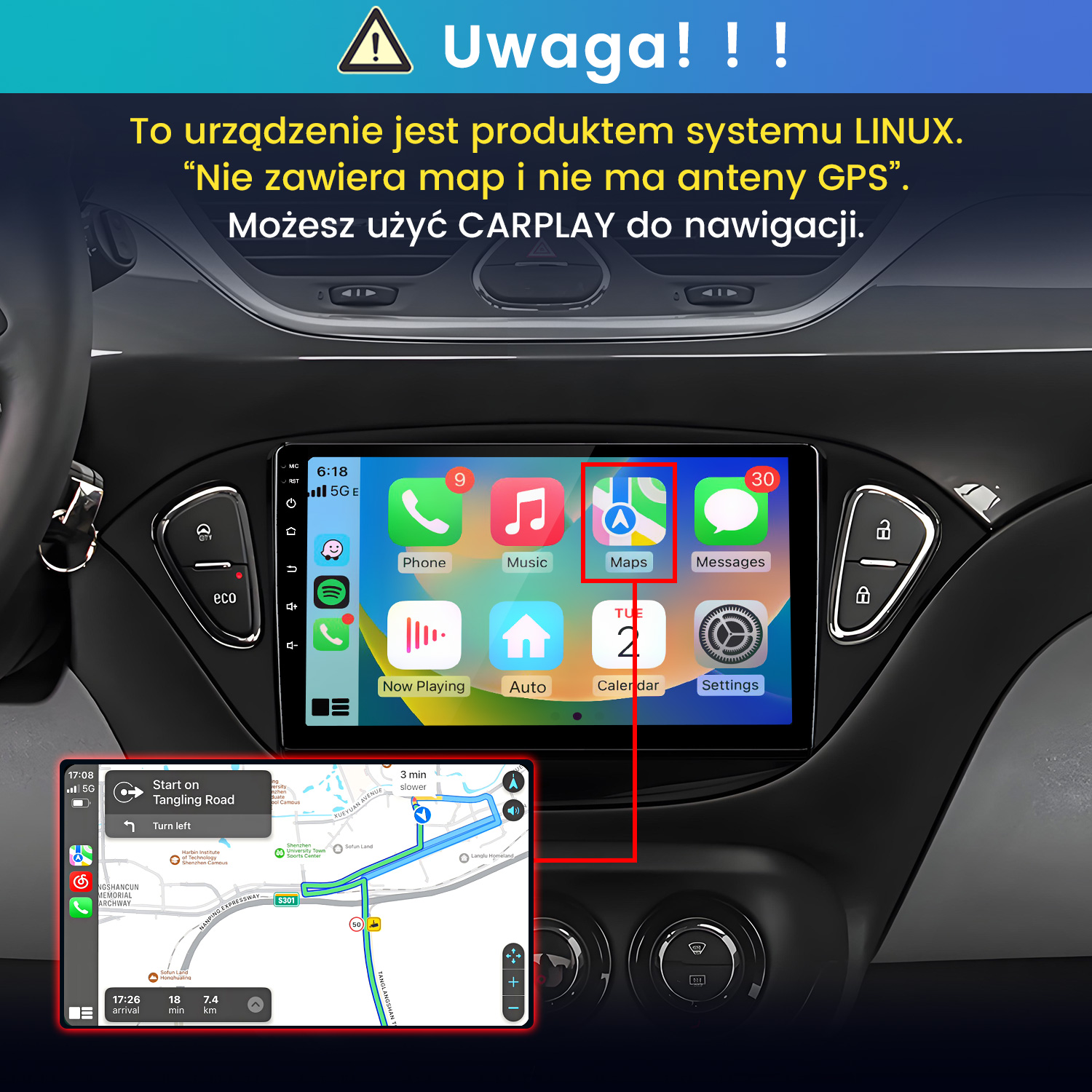 Ekran samochodowy Linux bez map i anteny GPS, z aplikacjami Carplay i mapą nawigacji.