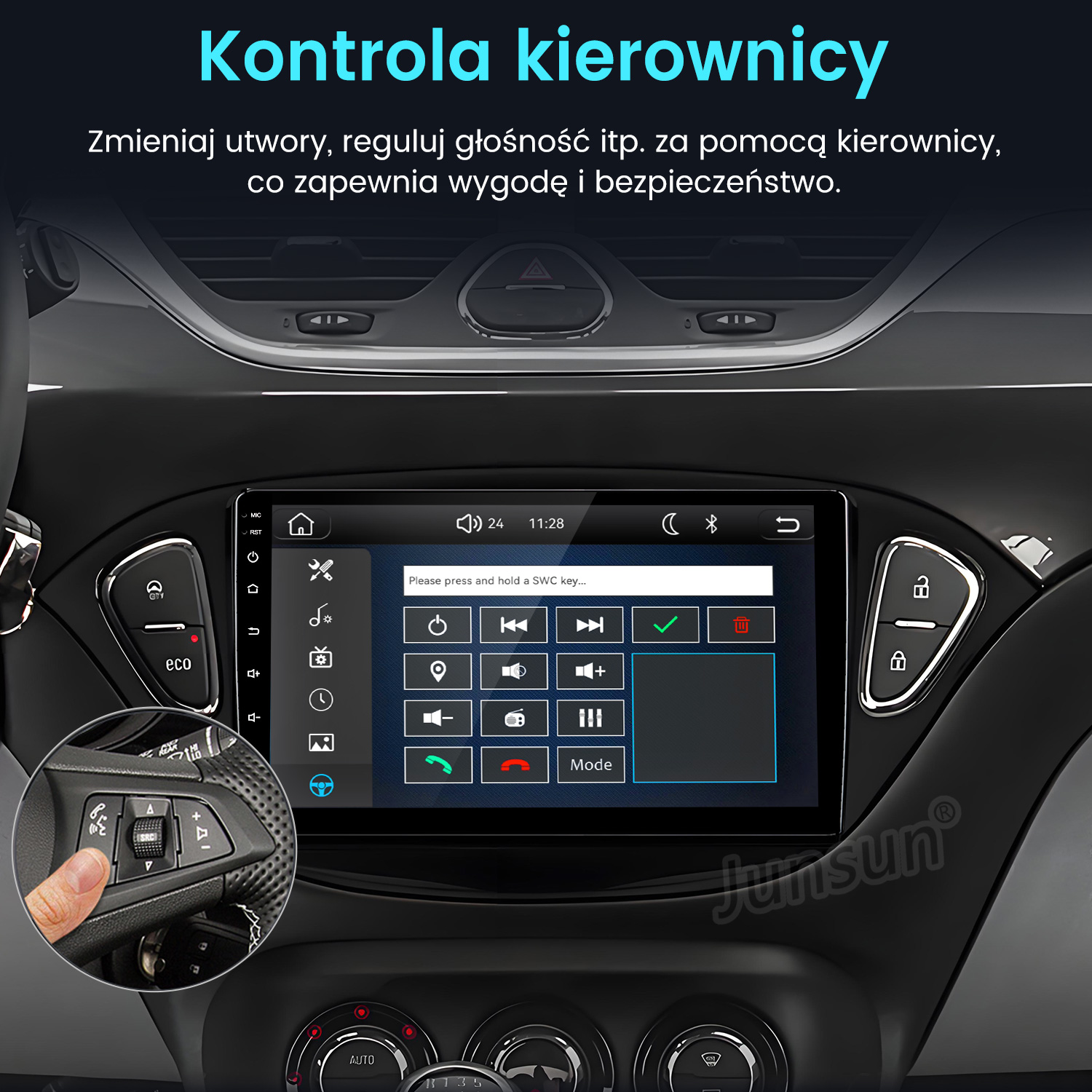 Wnętrze auta z ekranem dotykowym i sterowaniem z kierownicy do muzyki i połączeń.