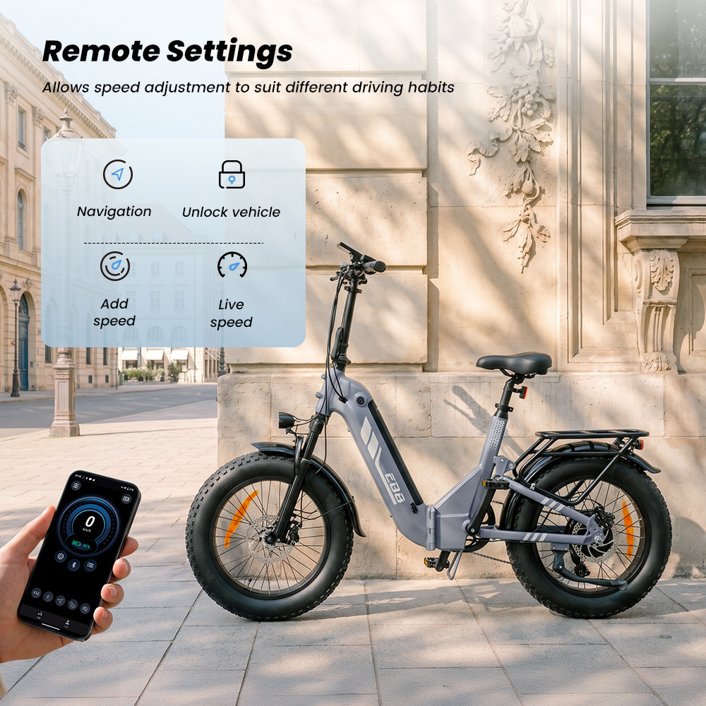 Szary rower elektryczny na chodniku, kontrolowany za pomocą aplikacji w smartfonie.