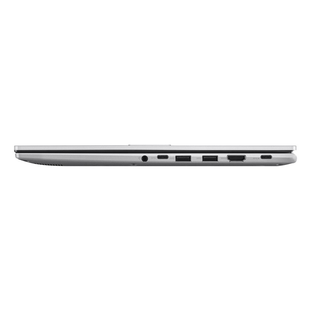 Widok z boku srebrnego laptopa z portami USB, HDMI i gniazdem słuchawkowym.