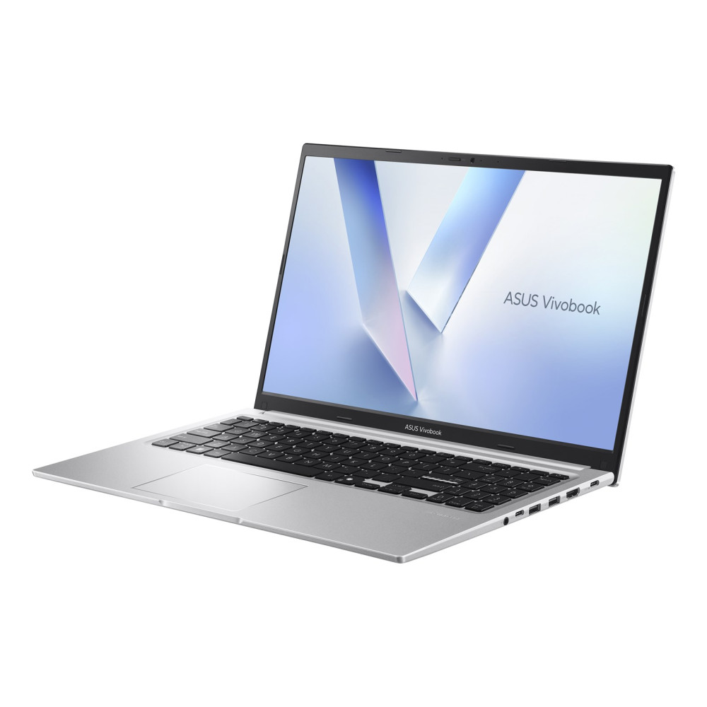 Srebrny laptop ASUS Vivobook stoi otwarty na białej powierzchni, wyświetlając niebieski obraz w tle.