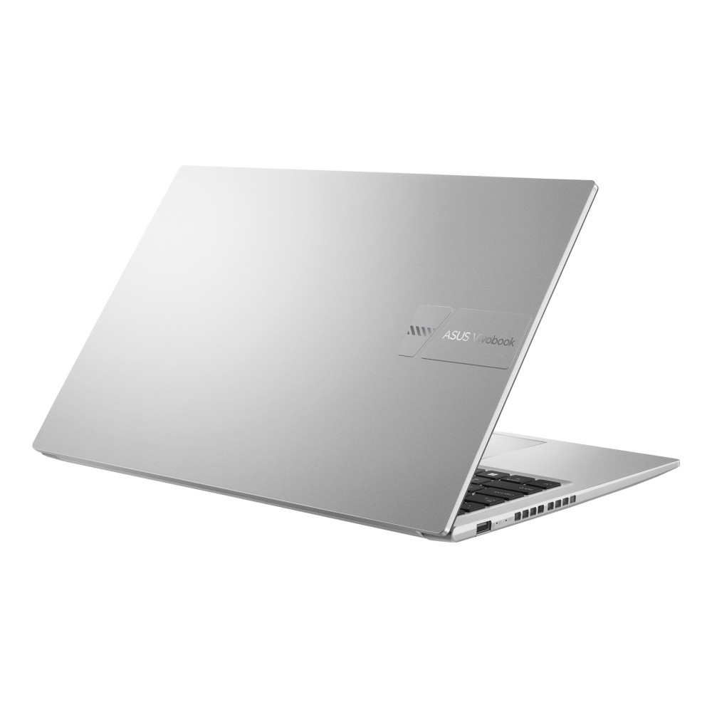Srebrny laptop ASUS Vivobook widziany od tyłu na białym tle.