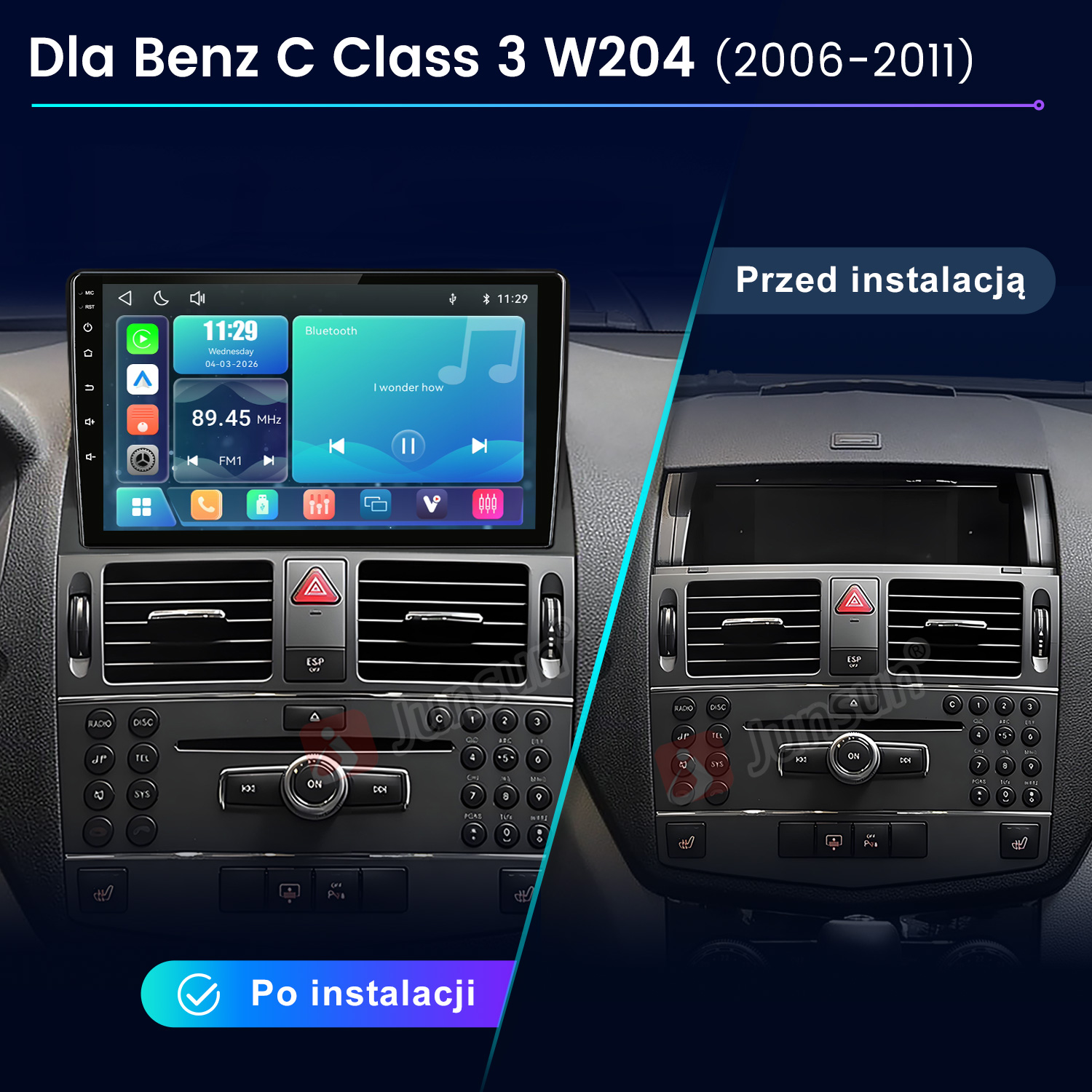 Porównanie deski rozdzielczej Benz C-Class W204 przed i po instalacji dużego ekranu multimedialnego.
