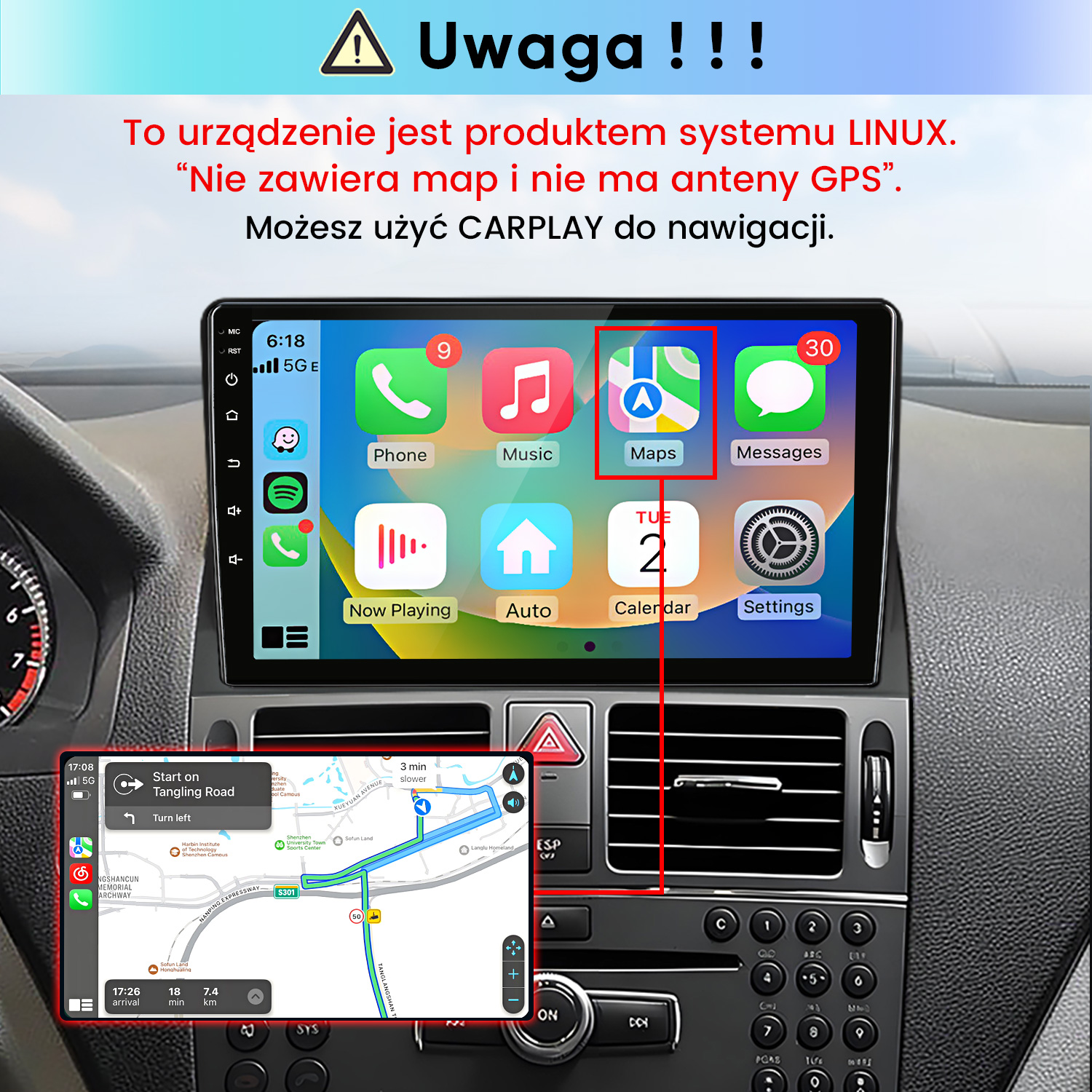 Wnętrze auta z ekranem Carplay, ostrzeżeniem po polsku i widokiem nawigacji.
