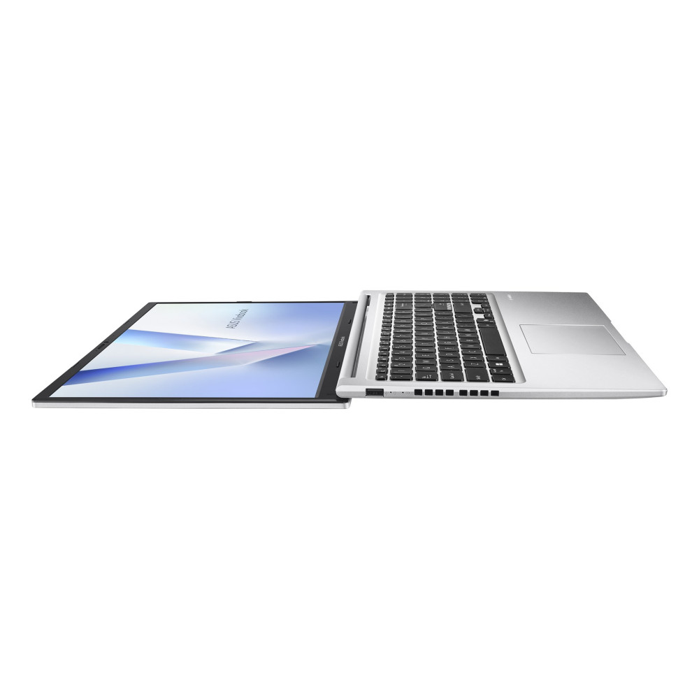Srebrny laptop jest otwarty na płasko na białym tle, wyświetlając abstrakcyjną grafikę ekranową.