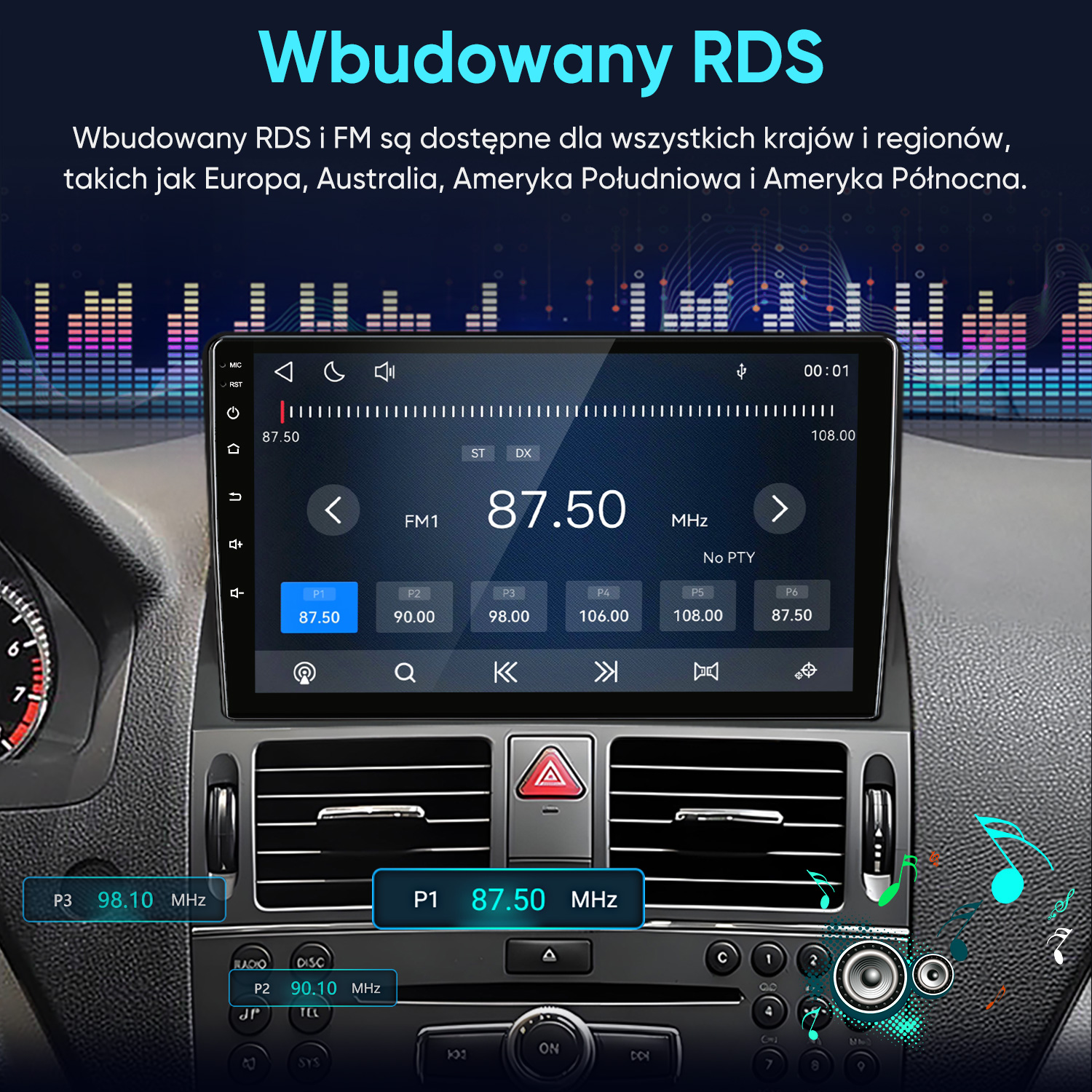 Samochodowy system audio z ekranem dotykowym i tunerem FM.