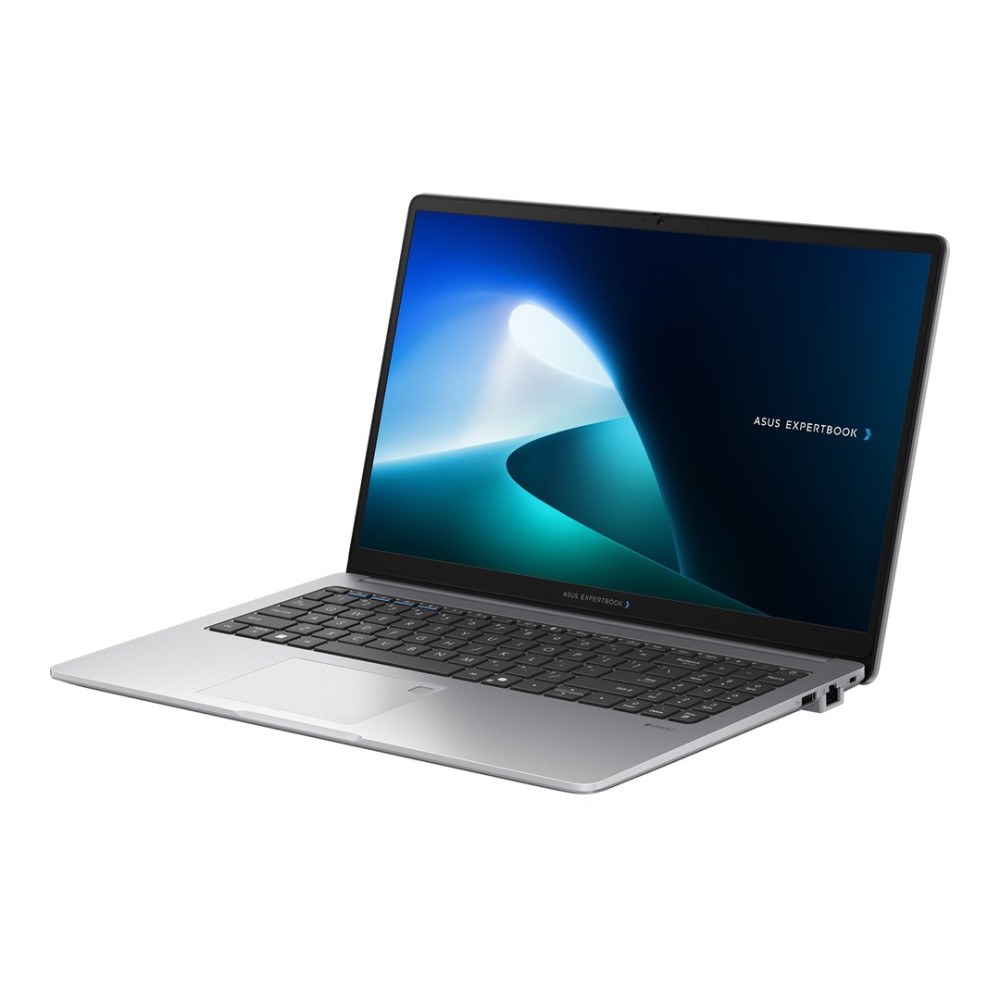 Srebrny laptop ASUS ExpertBook z niebieskim ekranem na białym tle.