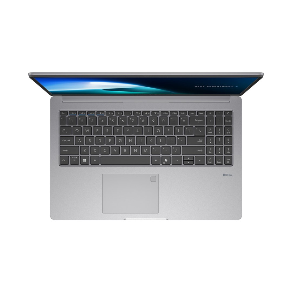 Widok z góry na szary laptop z włączonym ekranem, czarną klawiaturą i wbudowanym panelem dotykowym.