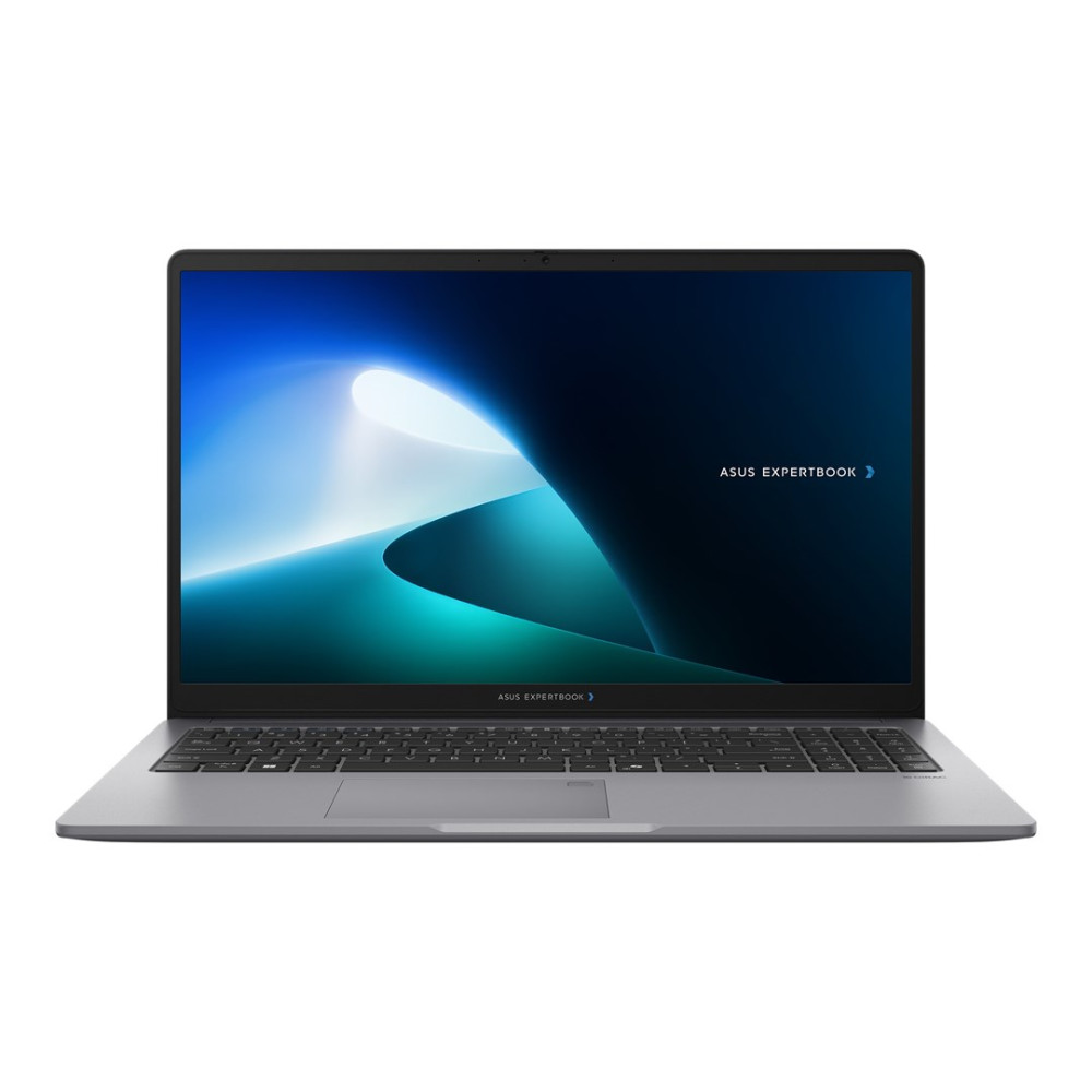 Otwarty szary laptop wyświetla żywą niebieską abstrakcyjną tapetę na białym tle.
