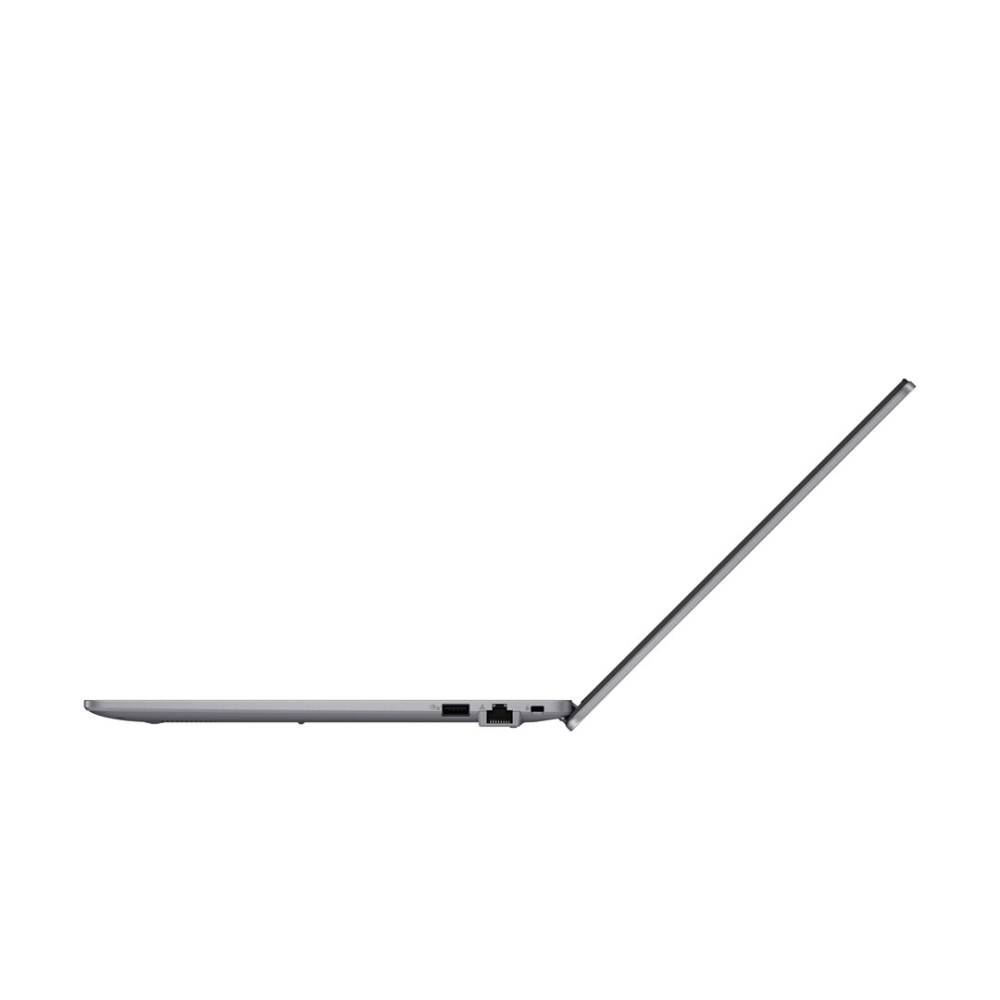 Widok z boku zamkniętego szarego laptopa na białym tle.