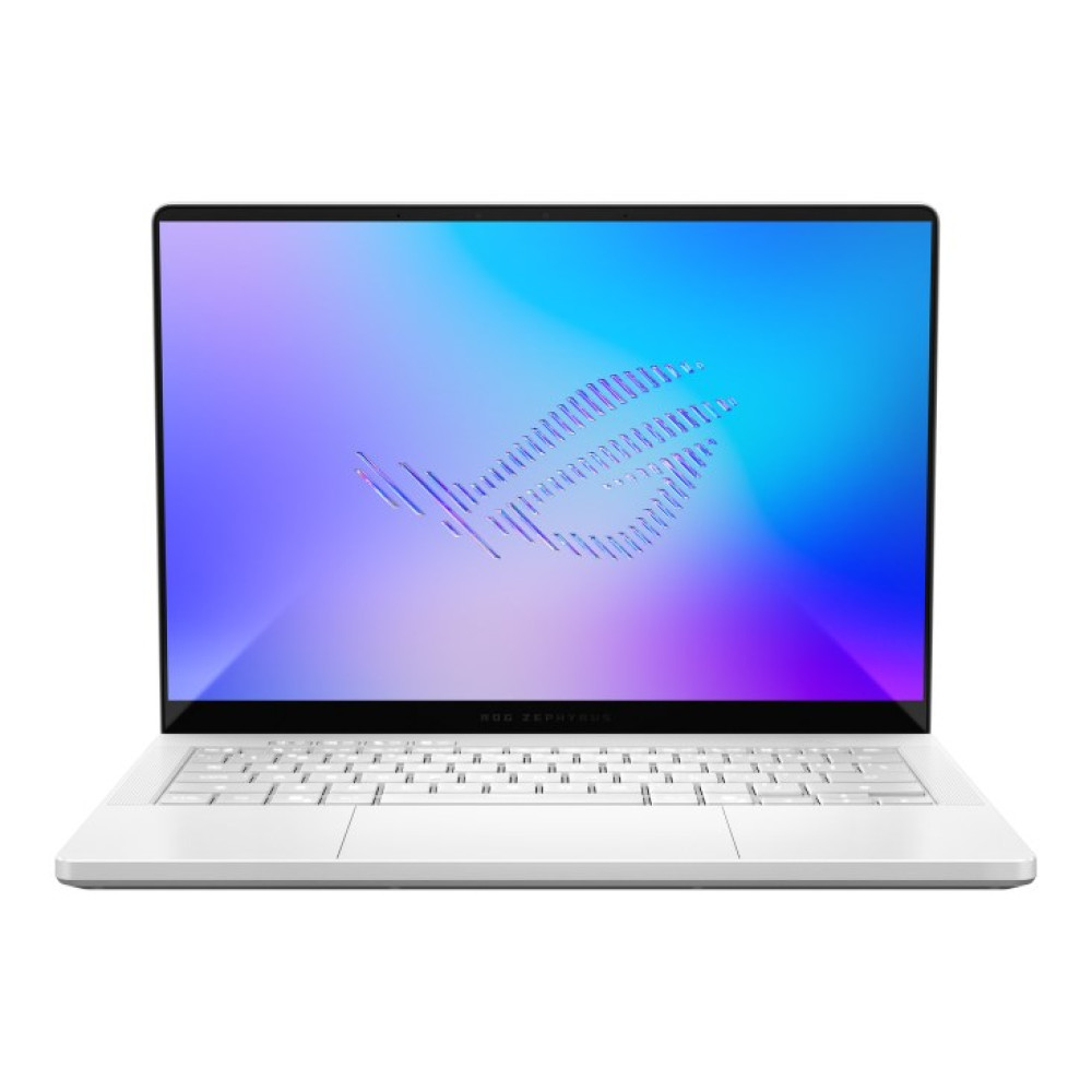 Biały laptop dla graczy ze świecącym niebiesko-fioletowym logo ROG na ekranie.