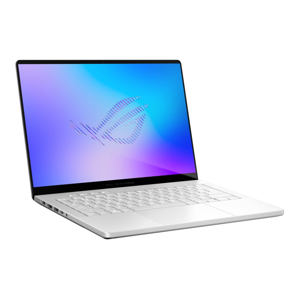 Srebrny laptop z białą klawiaturą i niebiesko-fioletowym ekranem na białym tle.