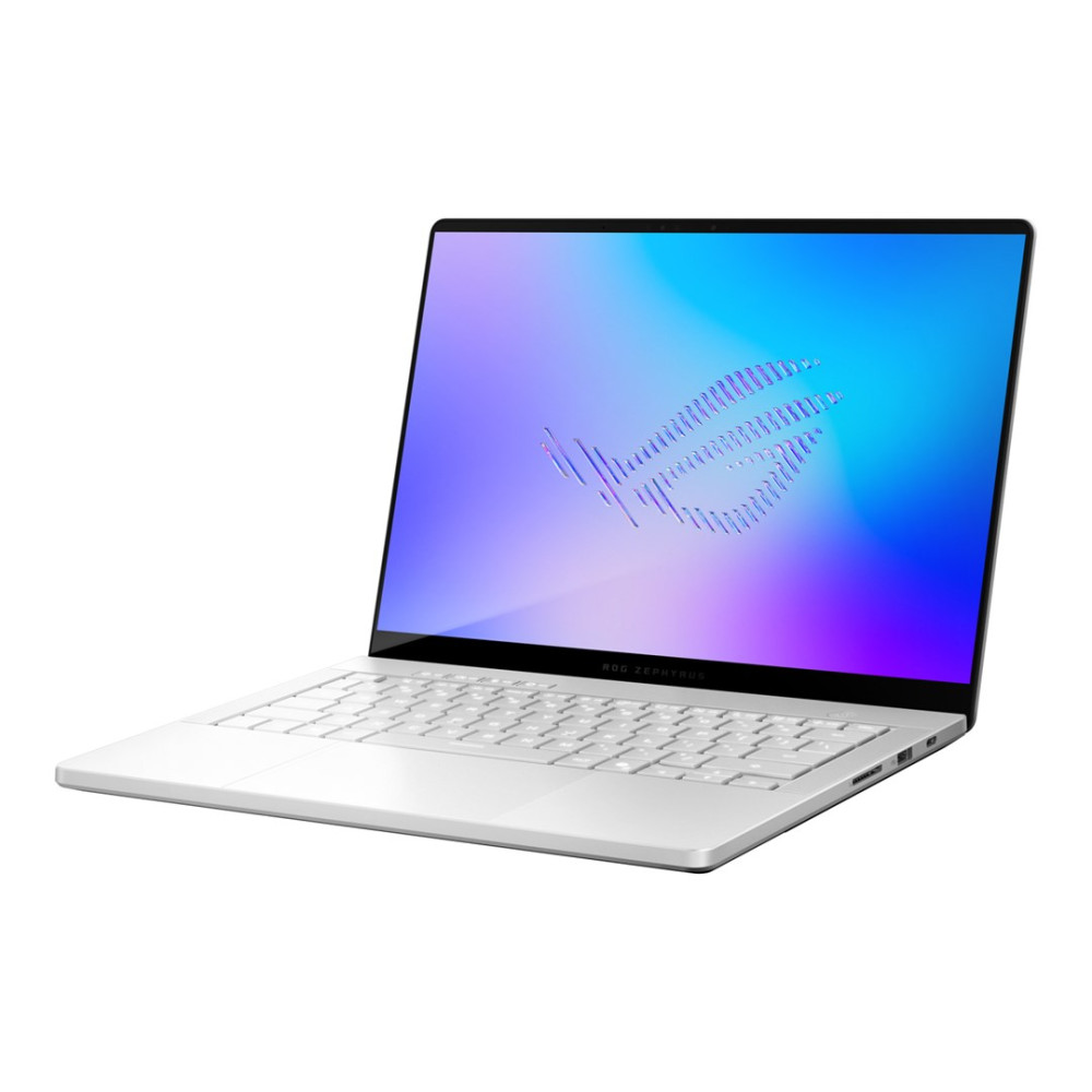 Srebrny laptop z białą klawiaturą i niebieskim ekranem na białym tle.