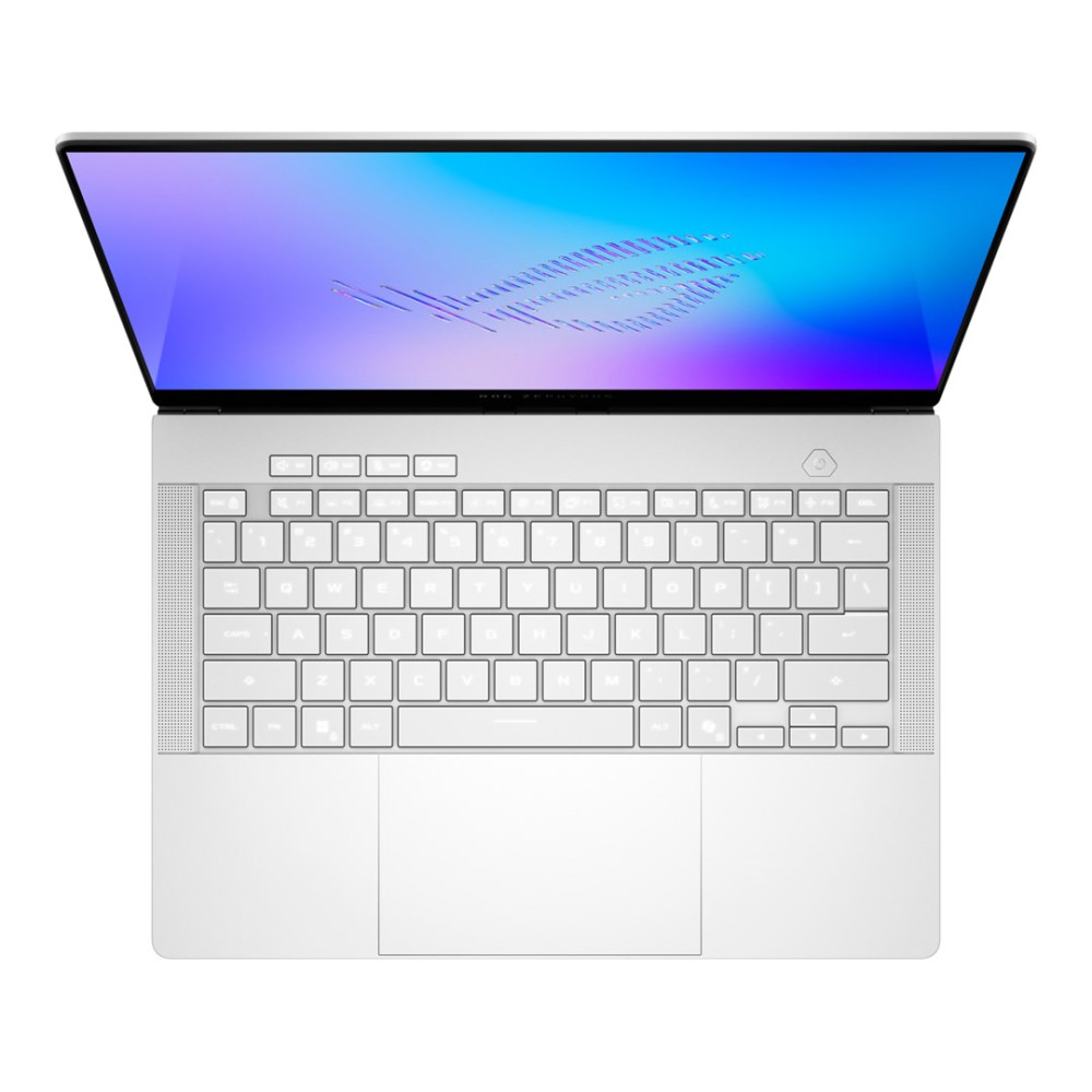 Widok z góry na otwarty srebrny laptop z niebiesko-fioletową tapetą i białą klawiaturą.