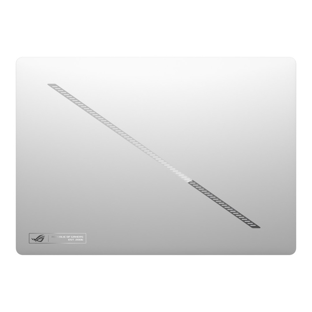 Srebrna klapa laptopa z ukośnym paskiem i logo Republic of Gamers.