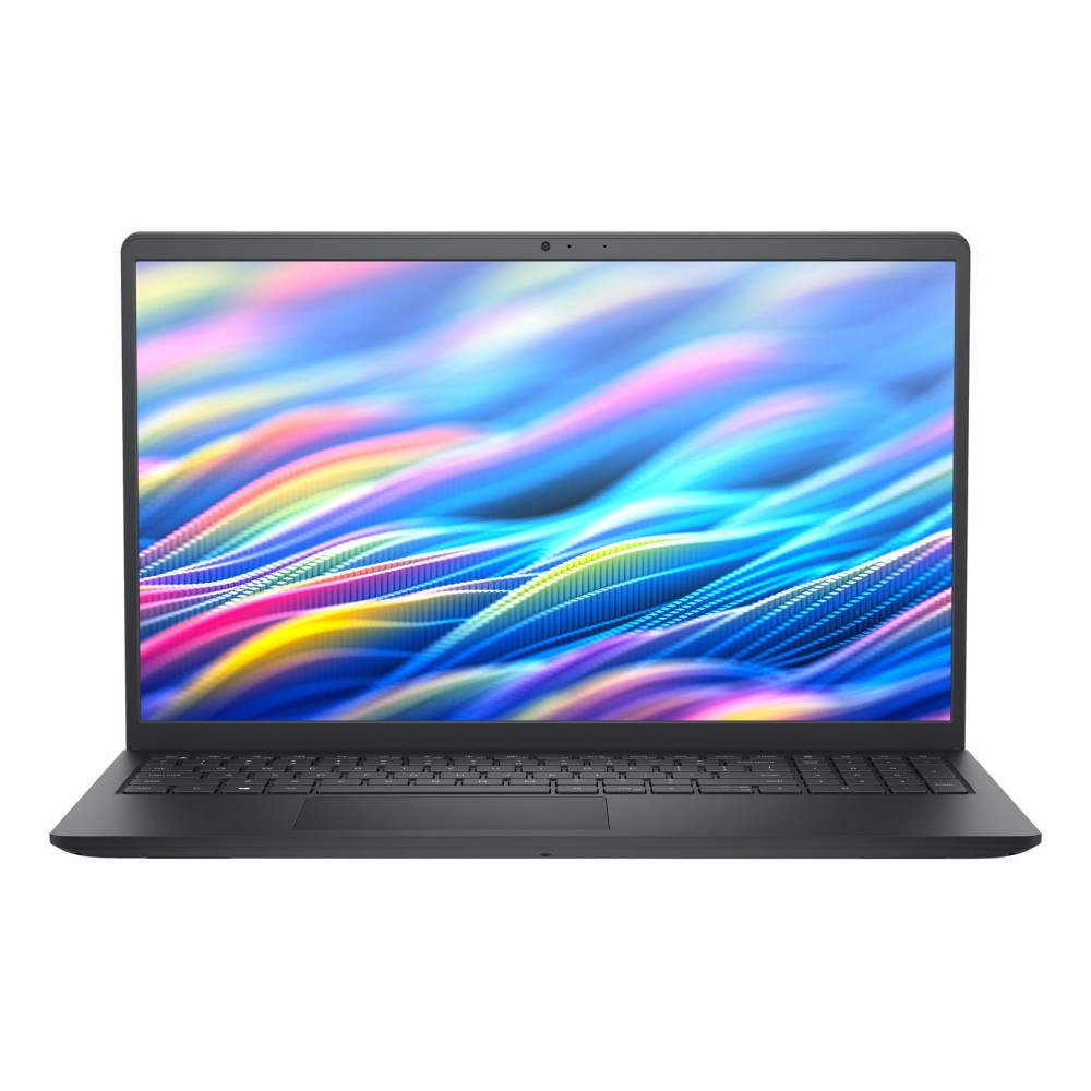 Czarny laptop z kolorową, abstrakcyjną tapetą z falami na ekranie, pokazany z przodu na białym tle.