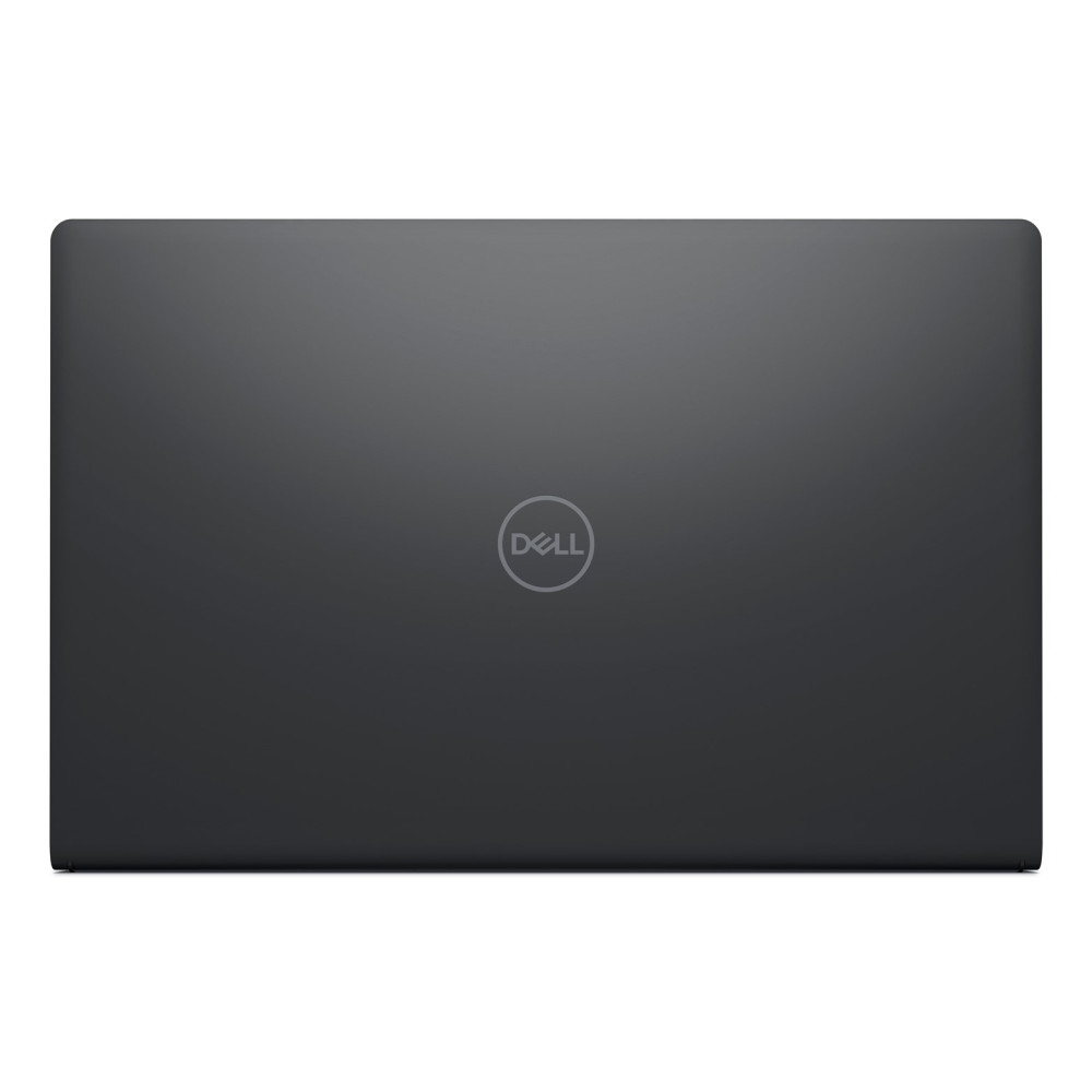 Zamknięty czarny laptop Dell widziany z góry na białym tle z wyśrodkowanym logo Dell.